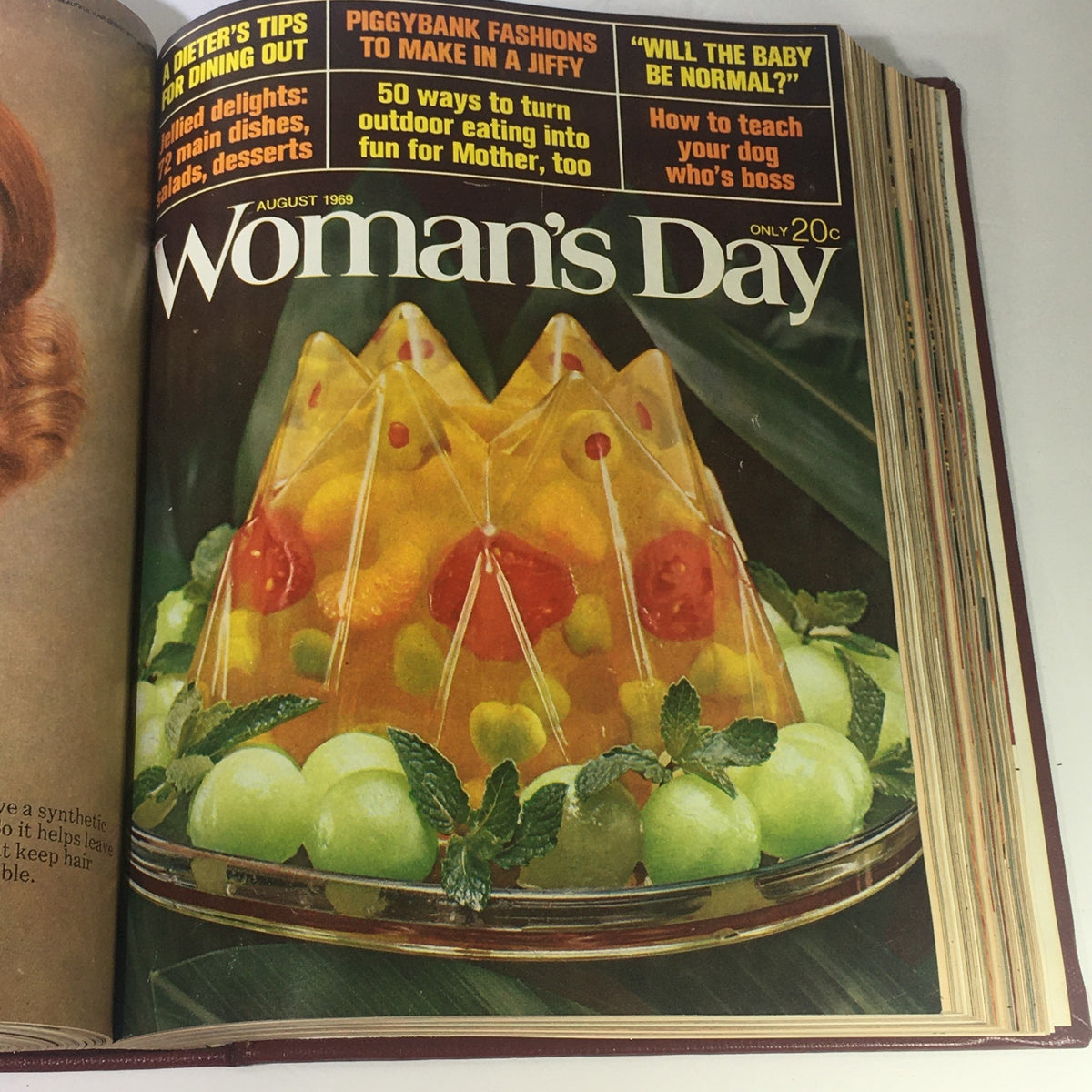 1969 Woman's Day Magazine Compilation featuring colorful fruit jelly dessert on the cover from August issue.