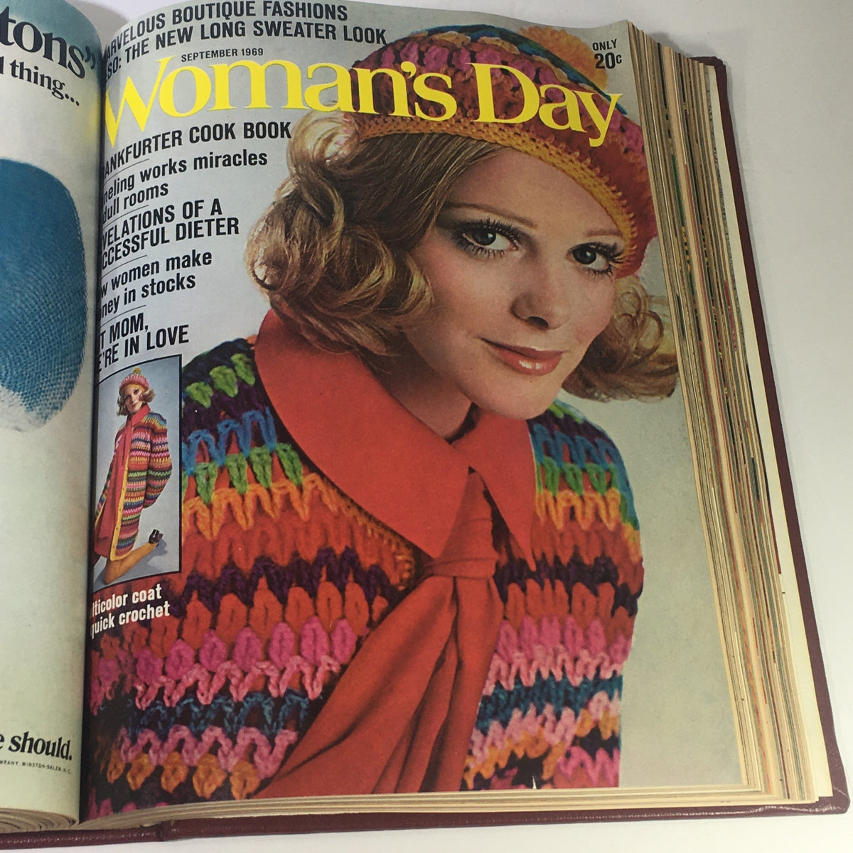 1969 Woman's Day Magazine Compilation showcasing stylish fashion model in vibrant crochet outfit on the cover from September issue.