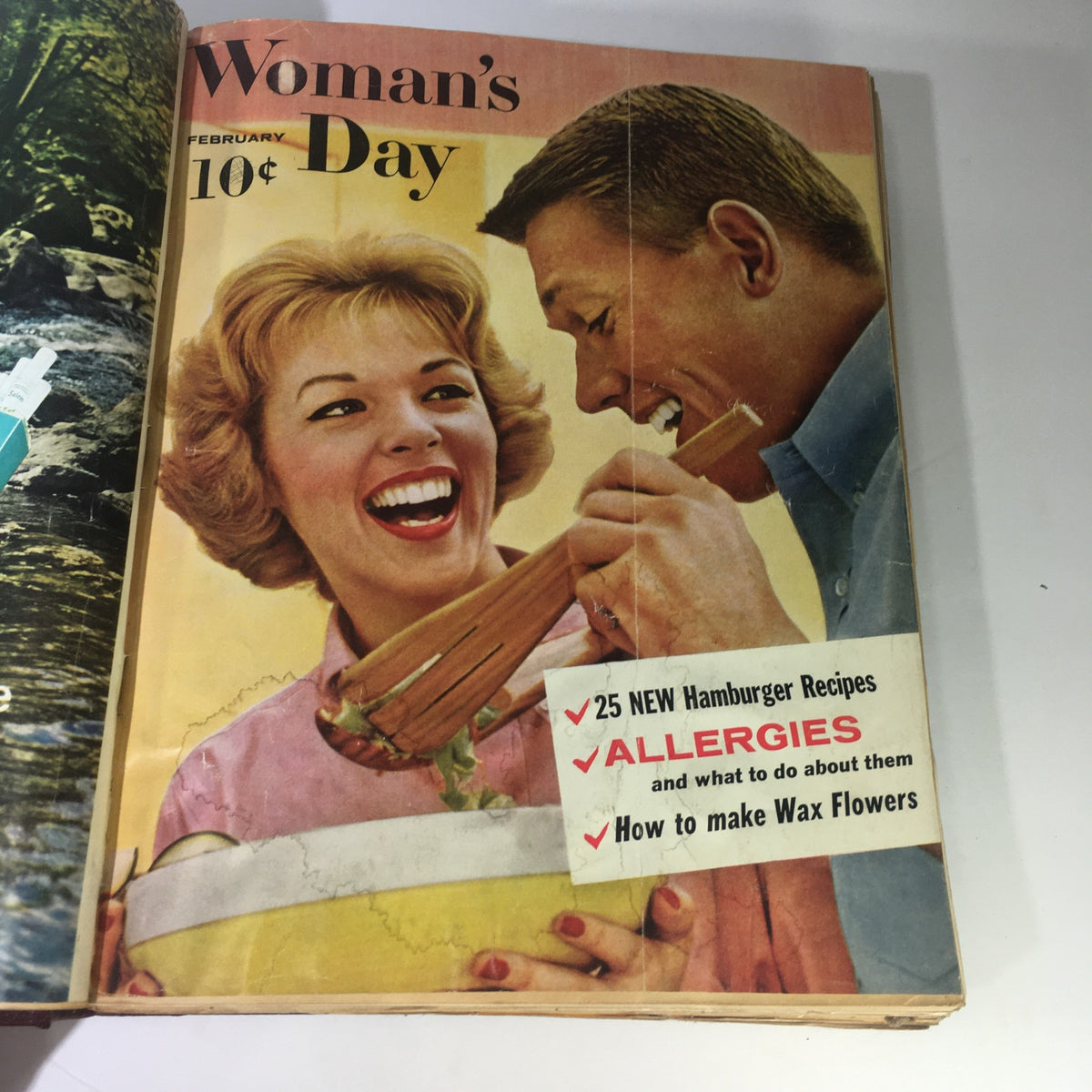 Cover of the February 1959 Woman's Day Magazine featuring a smiling woman and a man, highlighting articles on hamburgers and allergies.