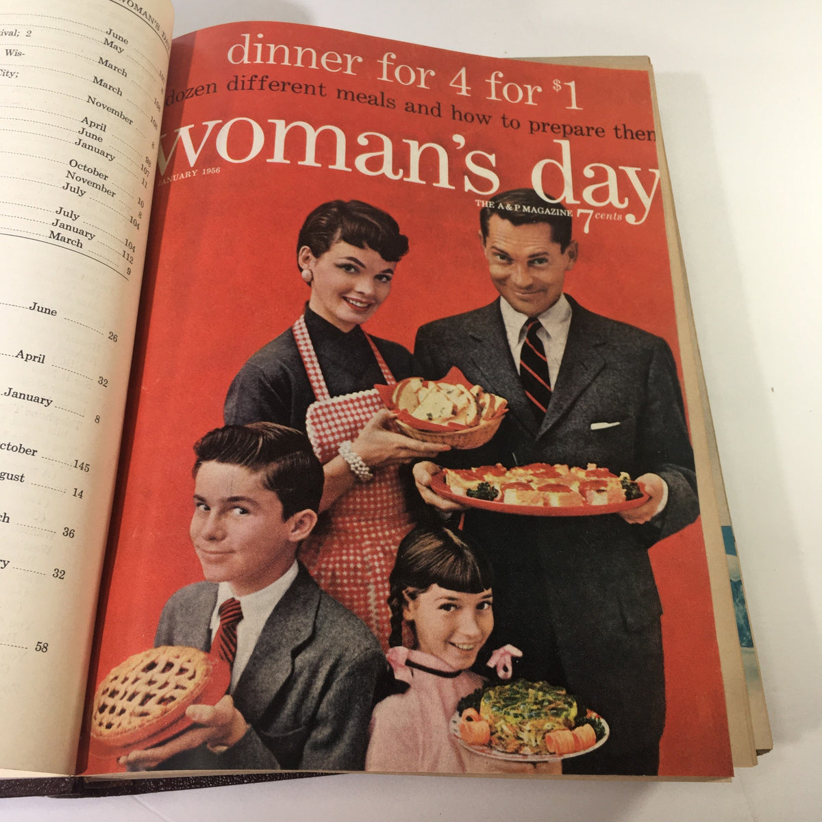 January 1956 cover of the Woman's Day Magazine Complete Year Round in One Book Compilation, featuring a family with food, highlighting a nostalgic family dinner theme.
