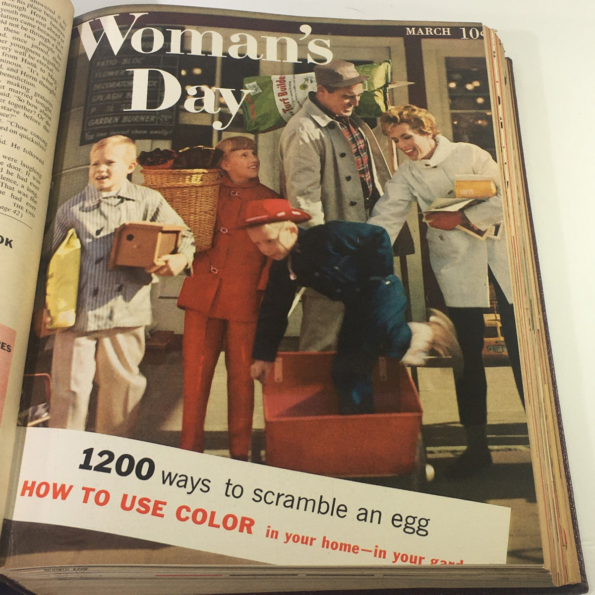 Another page from the 1958 Woman's Day Magazine Compilation highlighting a colorful family scene and tips on cooking.