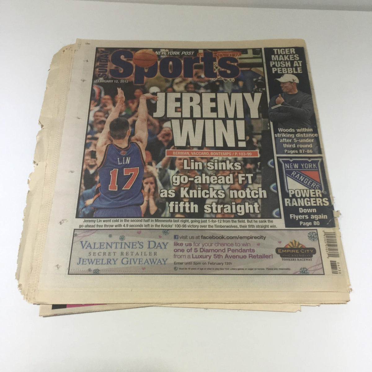 New York Post: Feb 12 2012, Queen of Pop Dead - Front page featuring Jeremy Lin celebrating with a headline about his game-winning free throw for the Knicks.