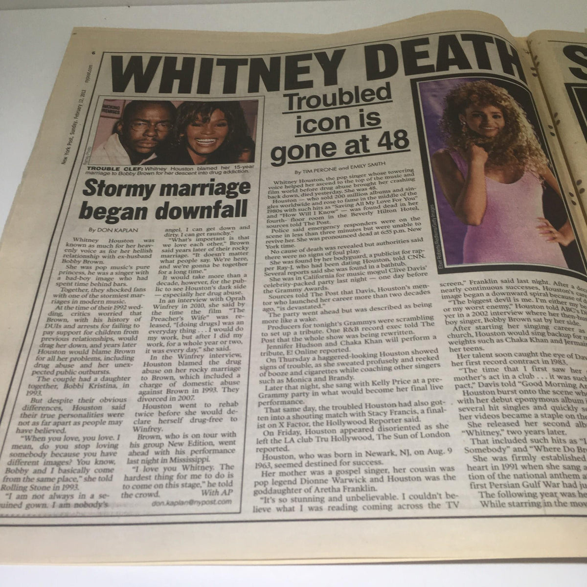 New York Post: Feb 12 2012, Queen of Pop Dead - Article about Whitney Houston's life, detailing her troubled marriage and untimely passing at age 48.
