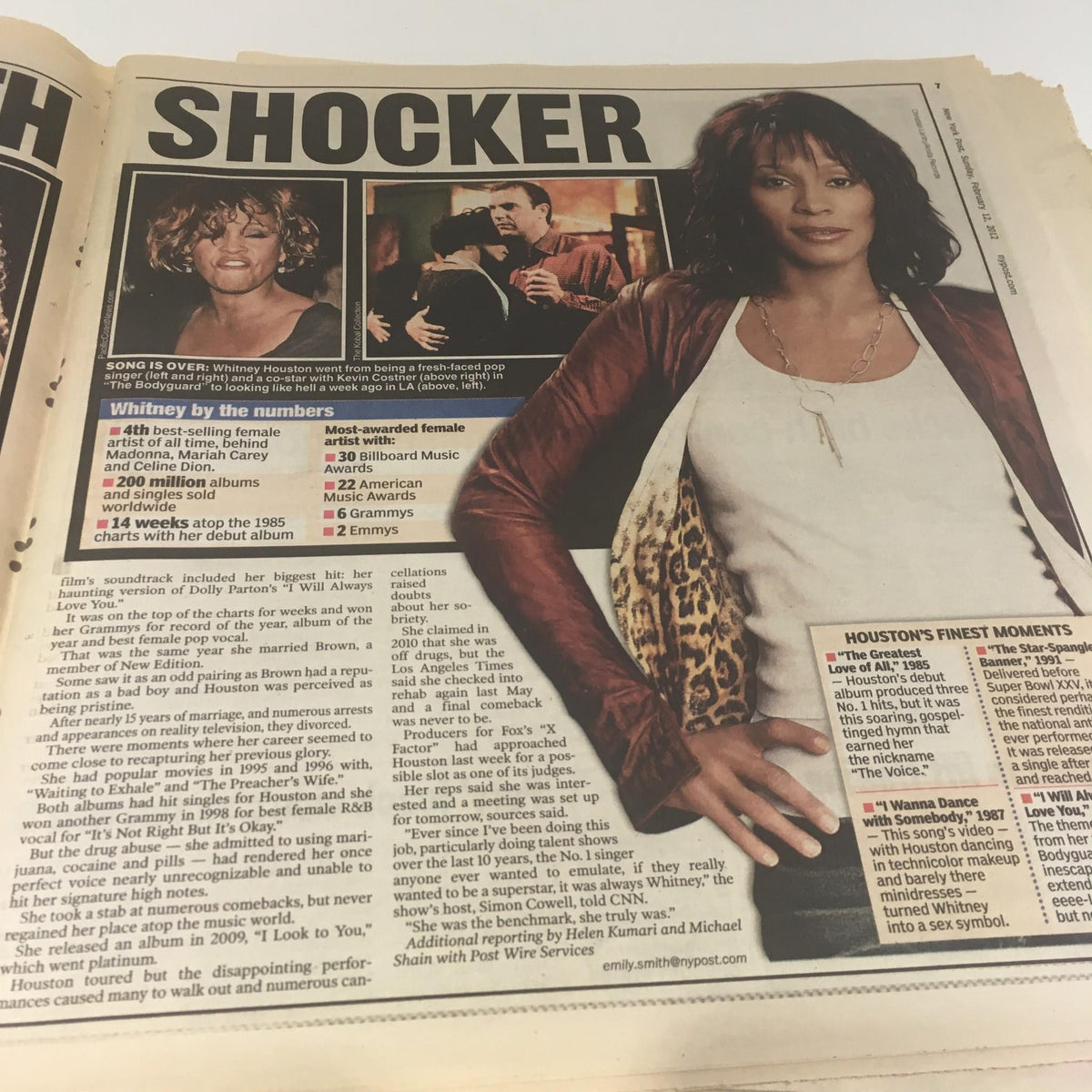 New York Post: Feb 12 2012, Queen of Pop Dead - Profile of Whitney Houston, featuring statistics about her musical achievements and contributions to the entertainment industry.