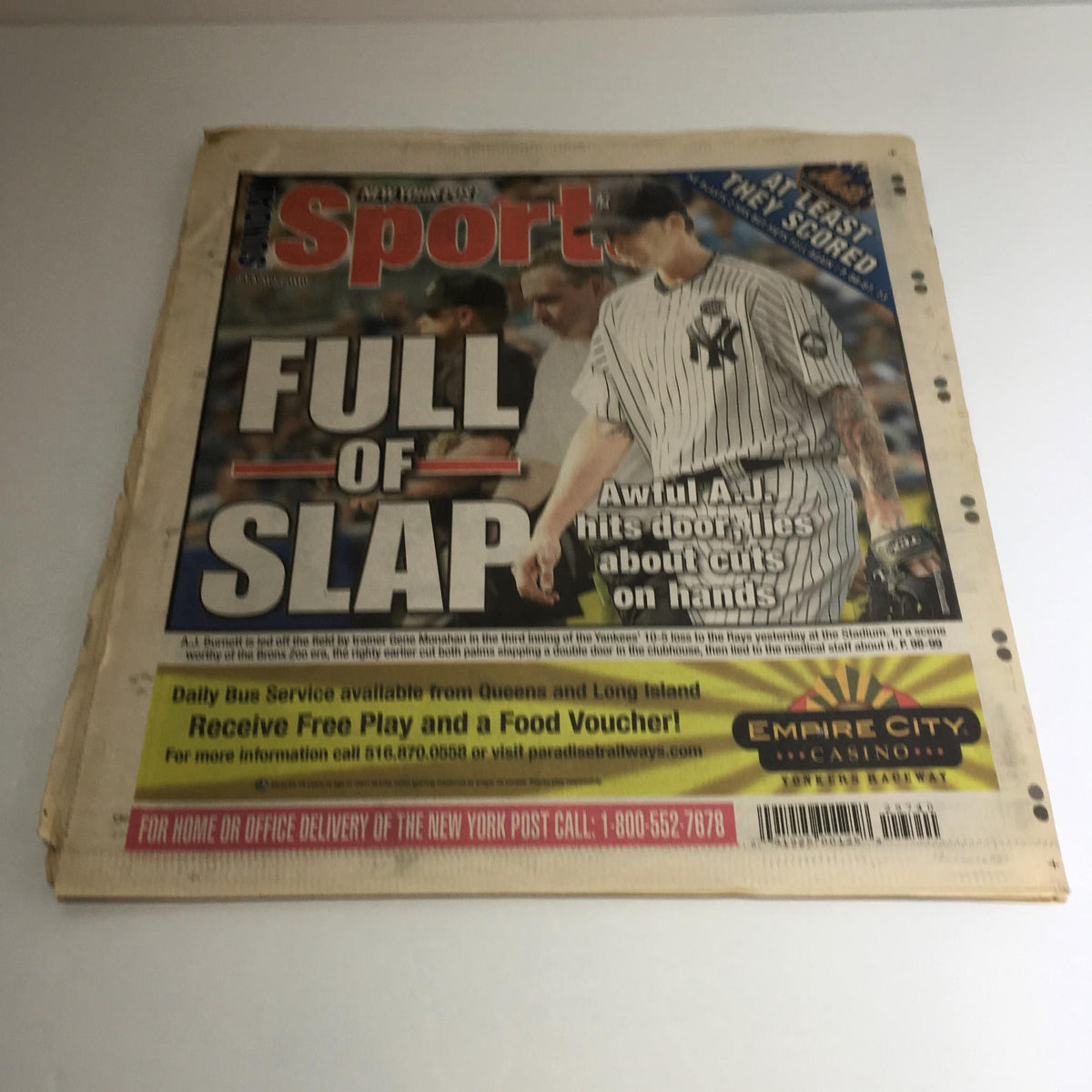 New York Post magazine cover from July 18, 2010, featuring the headline 'Full of Slap' about A.J. Burnett, showcasing sports news and a striking design.