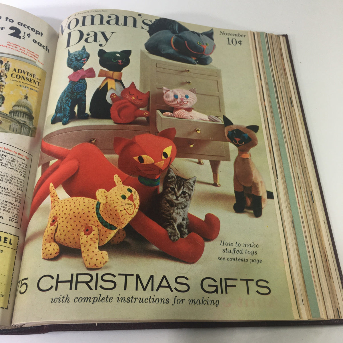 Cover of the November 1960 Woman's Day Magazine displaying colorful stuffed toys and decorations, promoting creative gift ideas for Christmas.
