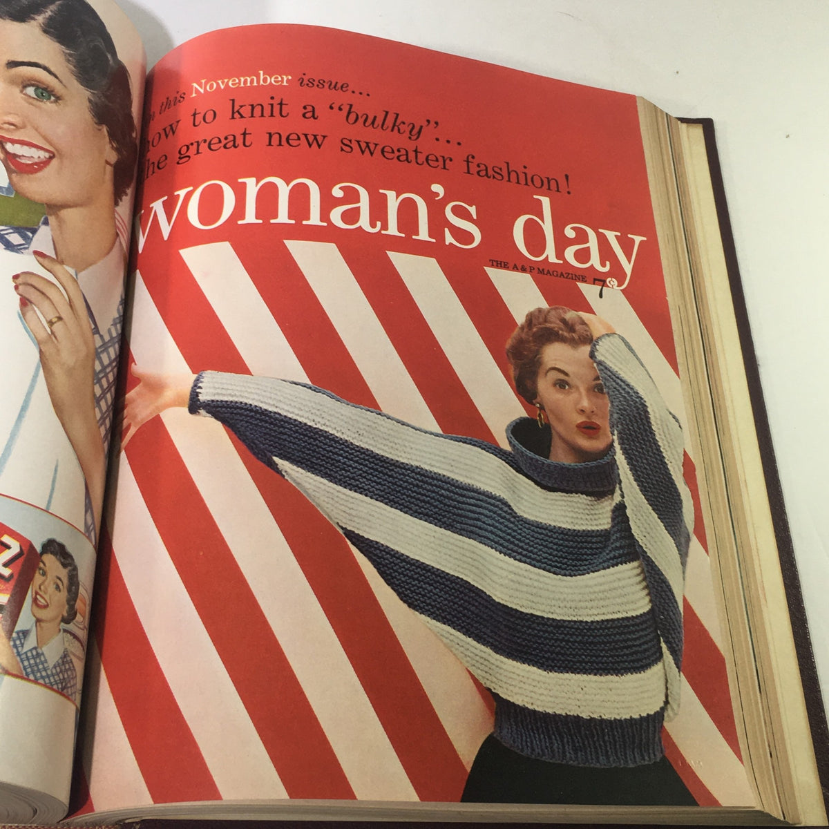 November 1953 issue of Woman's Day Magazine showcasing a woman modeling a trendy striped sweater, highlighting knitting fashion ideas.