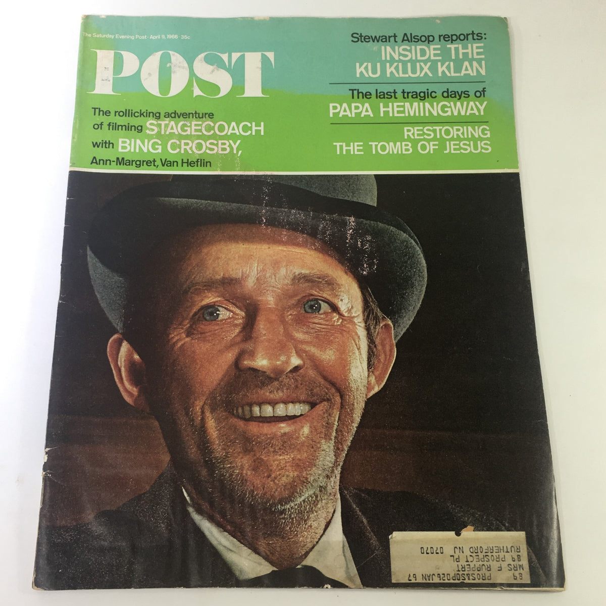 VTG The Saturday Evening Post April 9 1966 featuring a smiling man in a hat, indicating its vintage charm and highlighting the cover story on Bing Crosby in 'Stagecoach'.