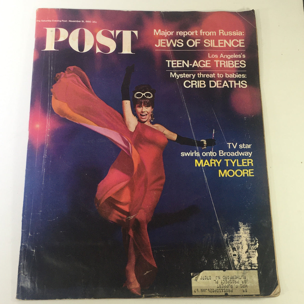 Cover of the vintage magazine, The Saturday Evening Post, dated November 19, 1966, featuring Mary Tyler Moore in a dramatic red dress, with headlines discussing crib deaths and teen-age tribes.