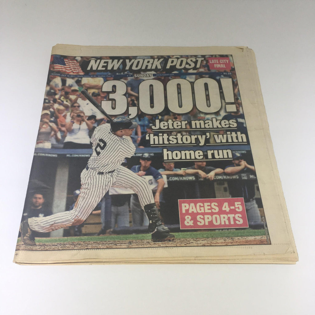 New York Post headline featuring Derek Jeter making history with a home run, celebrating his 3000 hits, captured on July 10, 2011.
