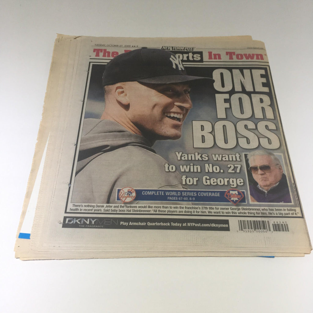 Front cover of the New York Post featuring the headline 'ONE FOR BOSS' about the Yankees aiming for a World Series win, a tribute to George Steinbrenner.
