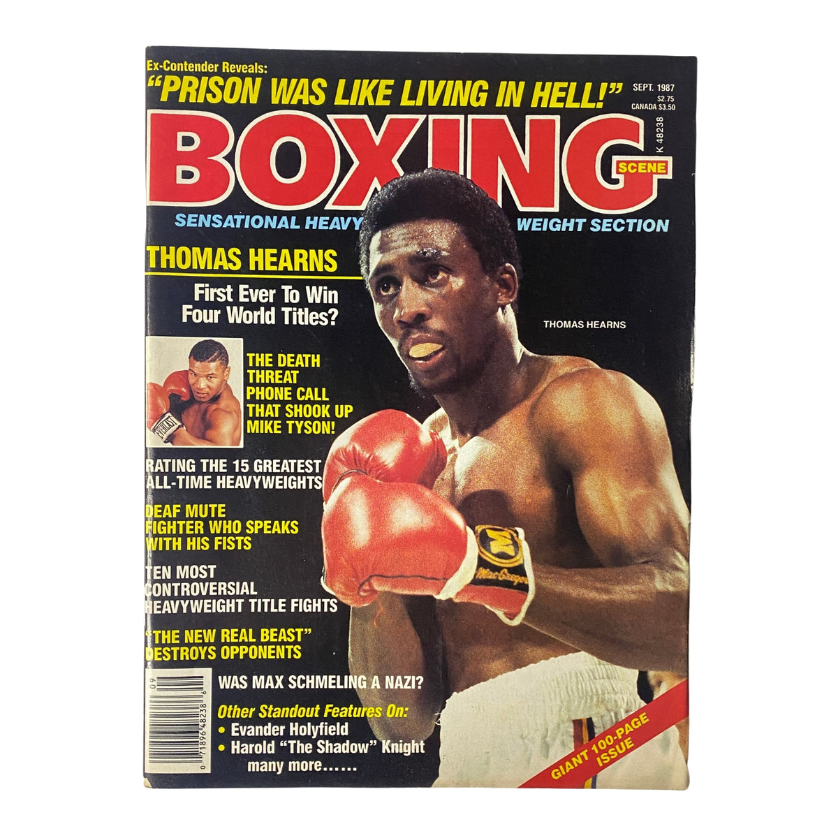 Cover of Boxing Scene Magazine, September 1987, featuring Thomas Hearns. Highlights include articles on heavyweight boxing legends, notable events, and Hearns' quest for a historic fourth world title.