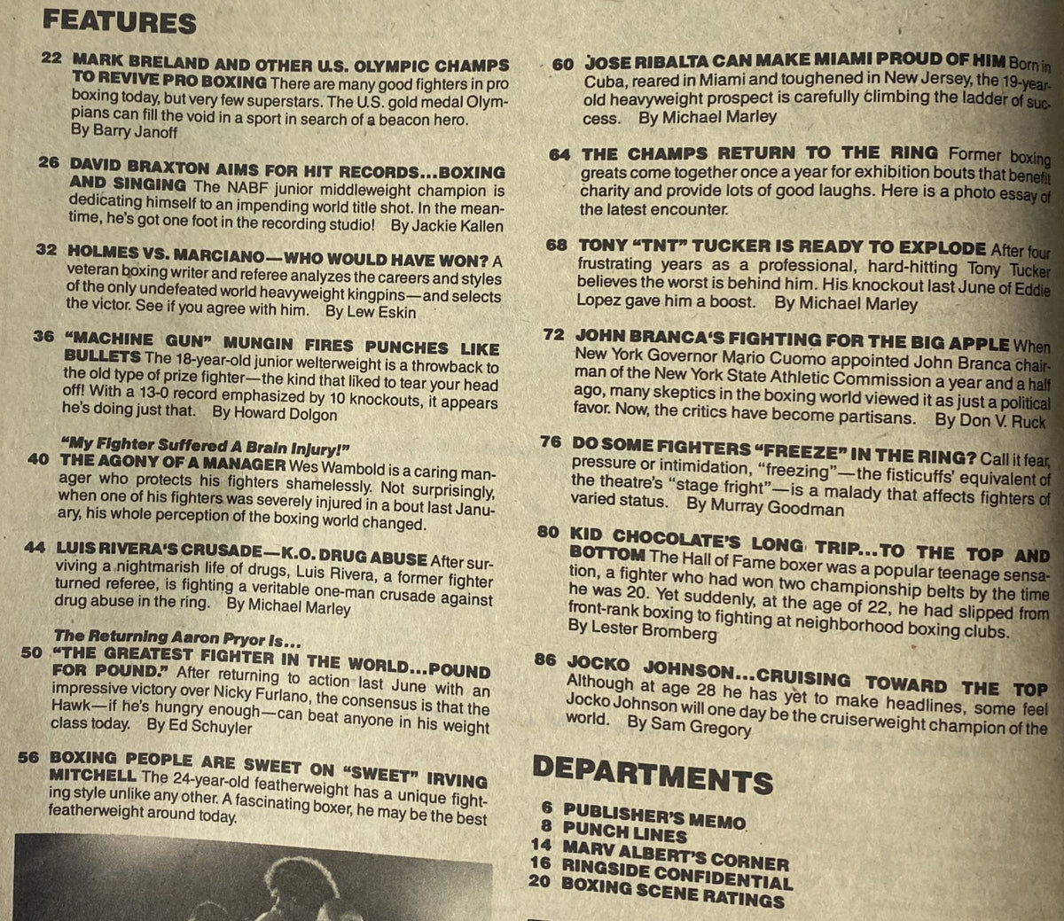 Interior page of Boxing Scene Magazine December 1984 showcasing features about boxing legends, including articles on Mark Breland and legendary matchups.