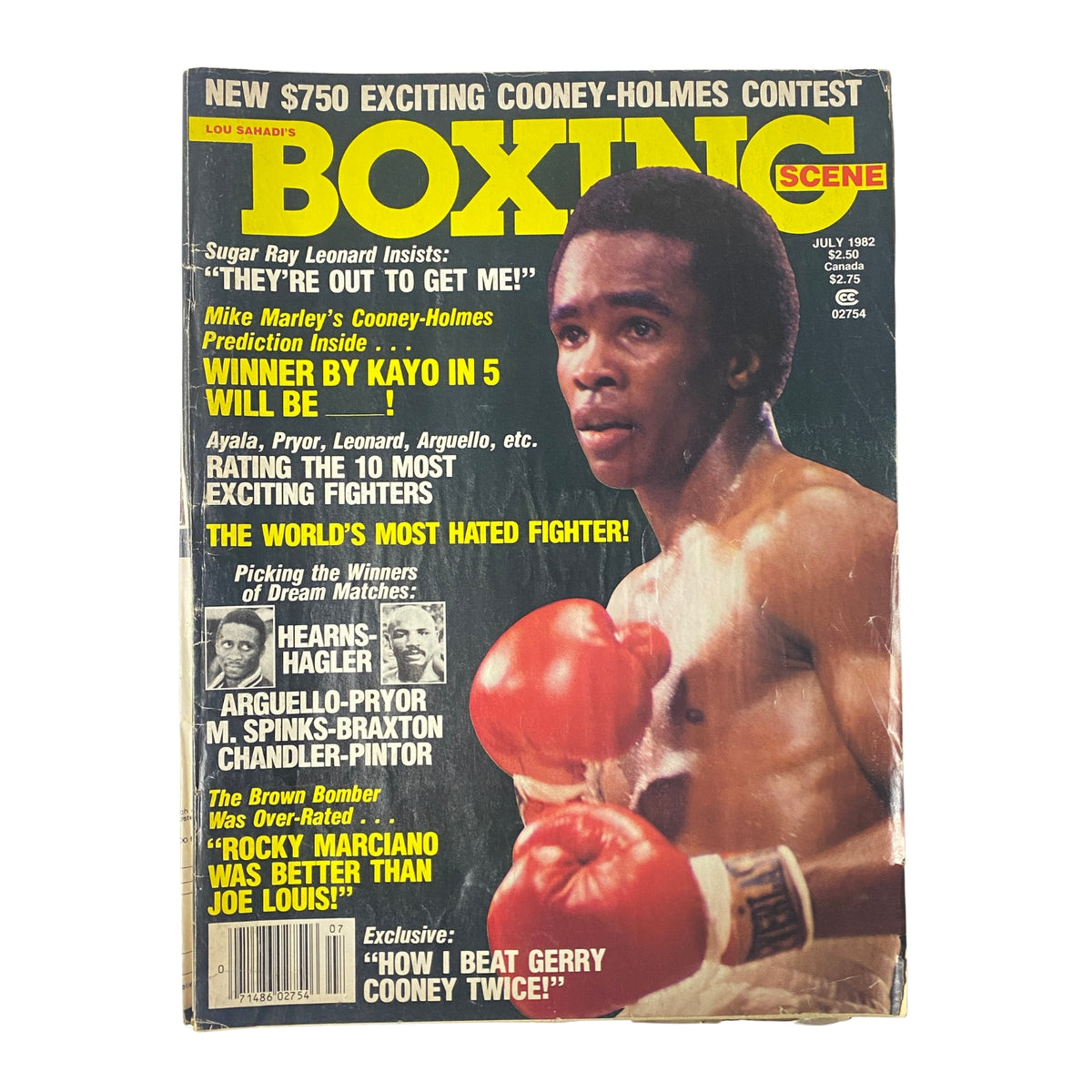 Boxing Scene Magazine July 1982 featuring Sugar Ray Leonard on the cover, with articles including interviews, features, and predictions about prominent boxers of the era.