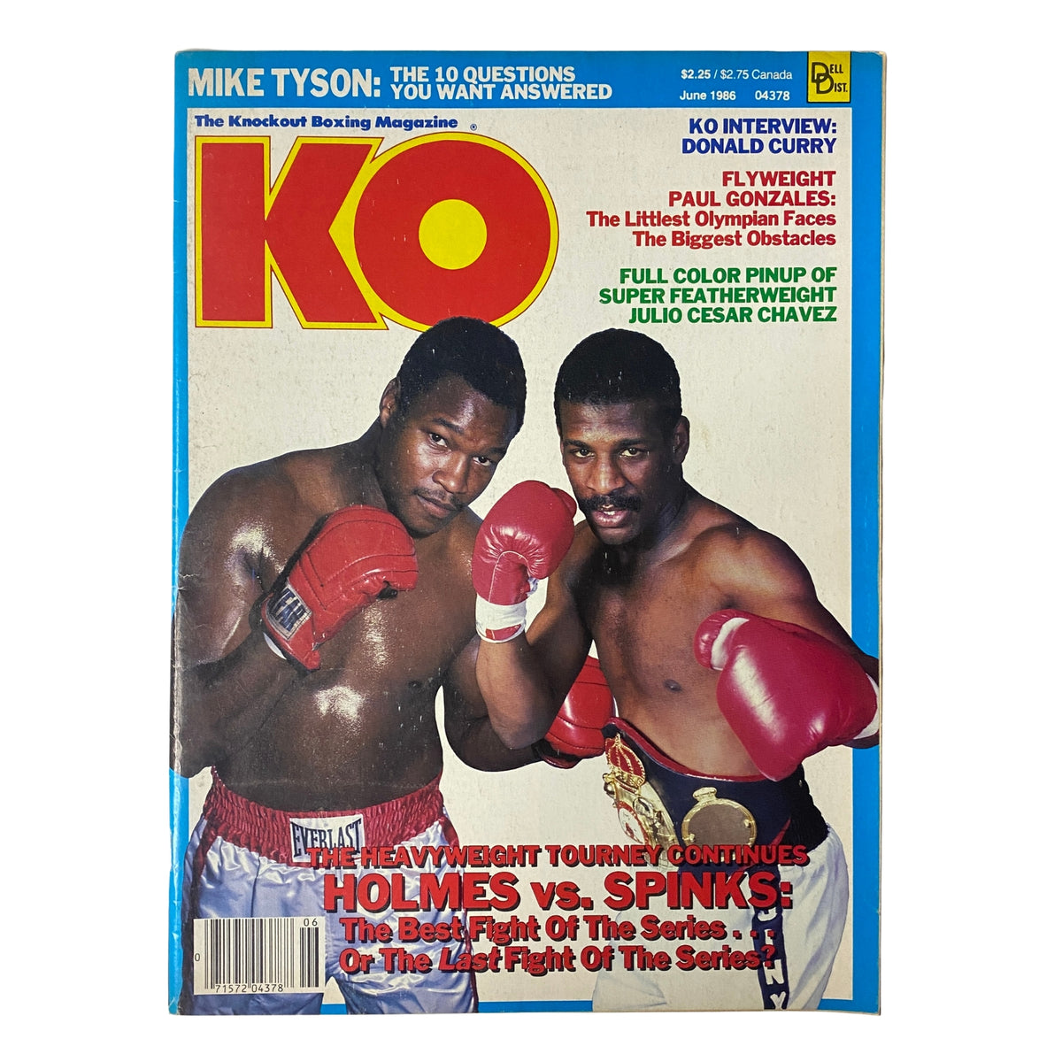 KO Boxing Magazine June 1986 featuring Larry Holmes and Michael Spinks in a heavyweight showdown on the cover, highlighting the intense boxing rivalry. This vintage magazine includes features on legendary boxers and interviews.