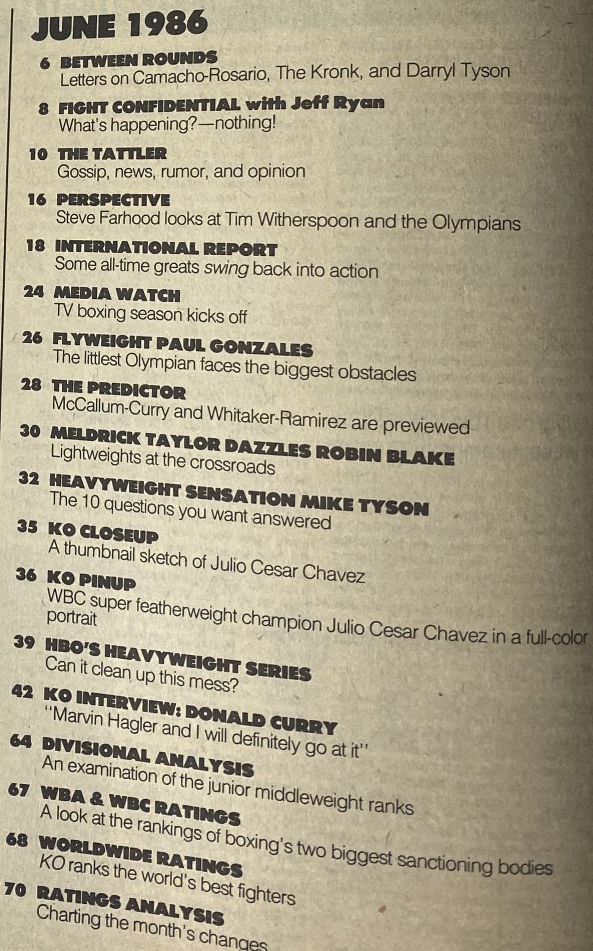 Contents page of KO Boxing Magazine June 1986, detailing features such as Between Rounds, Fight Confidential, and coverage of notable boxers including Mike Tyson and Julio Cesar Chavez.