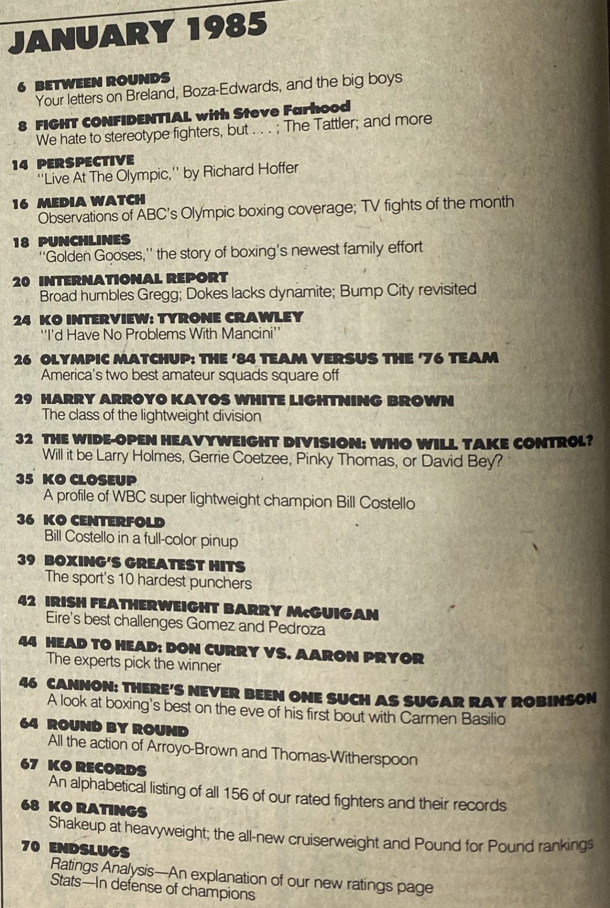 Contents page of KO Boxing Magazine January 1985 includes notable sections like Olympic Matchup, Fight Confidential, and interviews with prominent boxers.