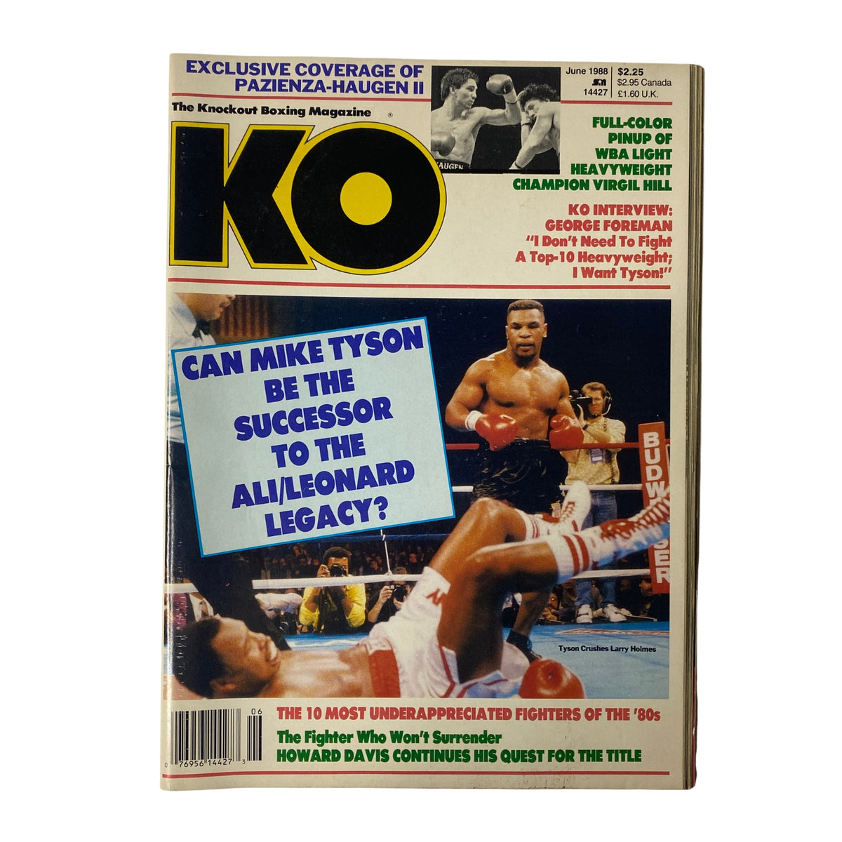 KO Boxing Magazine June 1988 featuring Mike Tyson and Larry Holmes on the cover. Highlights the magazine's exclusive features and commentary from a pivotal time in boxing history.