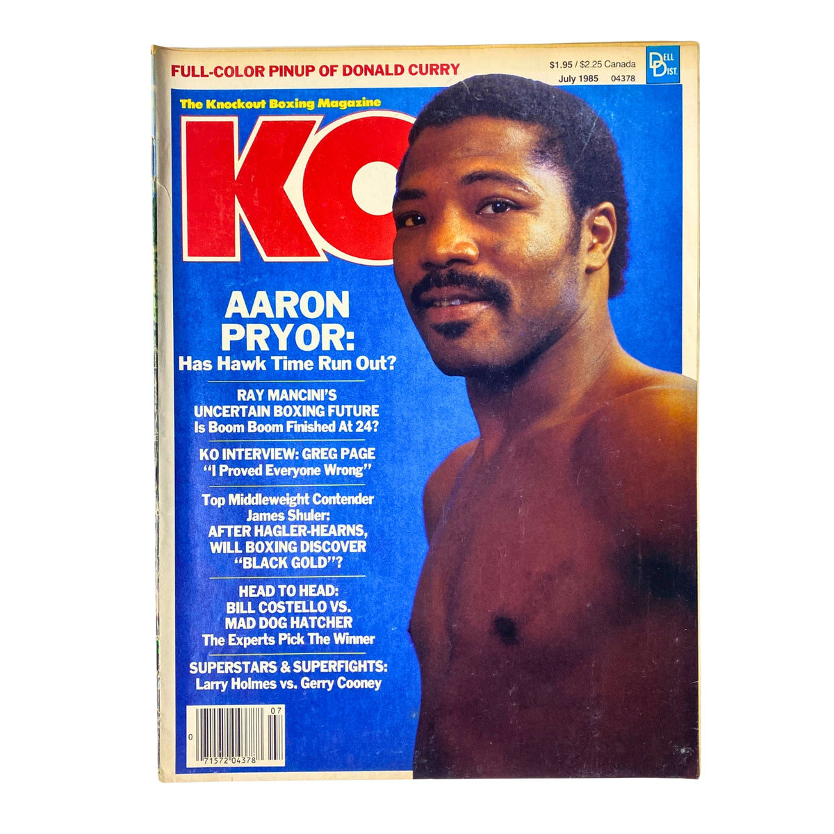 KO Boxing Magazine Cover from July 1985 featuring Aaron Pryor, with the headline 'Has Hawk Time Run Out?' showcasing the boxing legend's striking portrait.