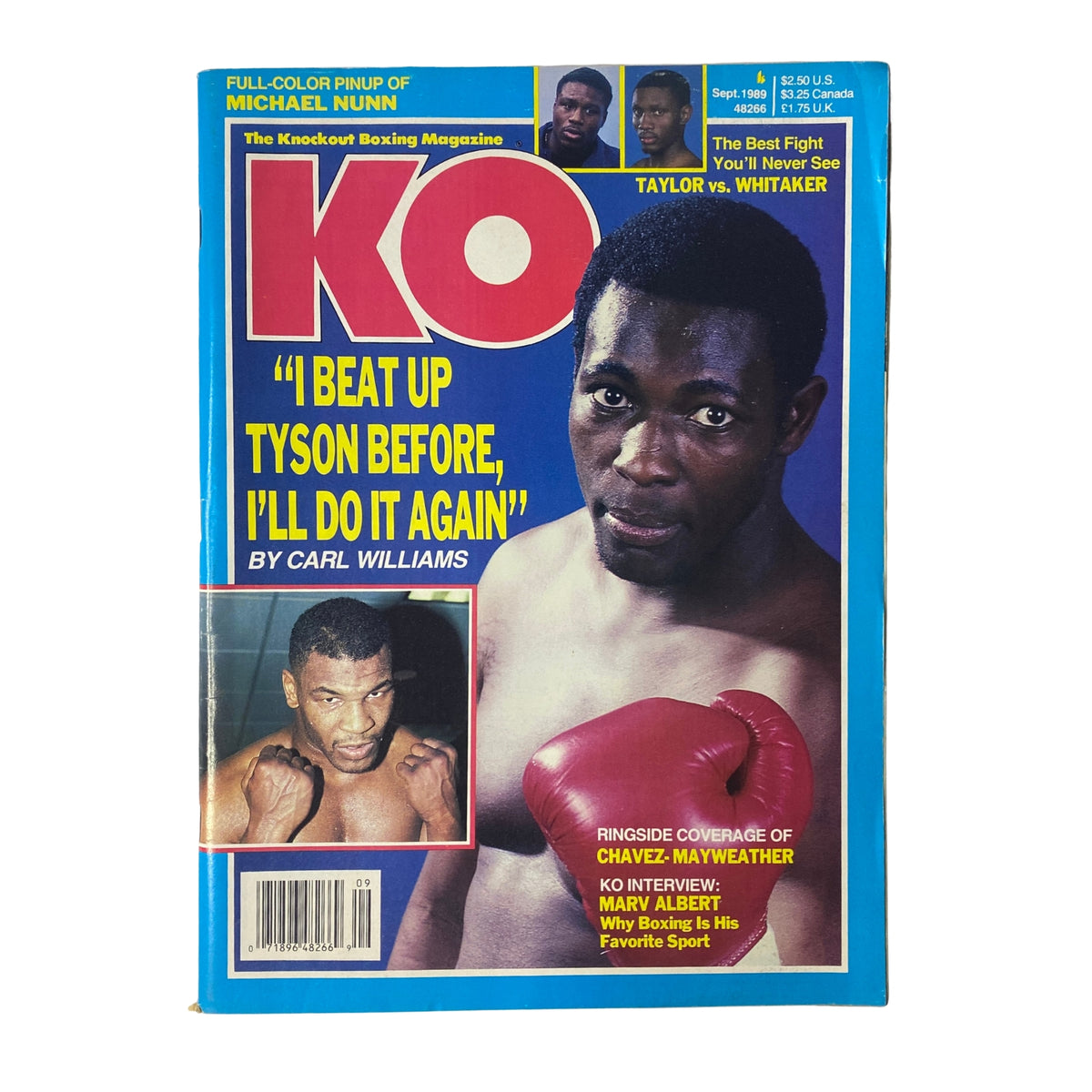 KO Boxing Magazine September 1989 featuring Carl Williams on the cover, with the headline 'I Beat Up Tyson Before, I'll Do It Again.' This issue includes an interview with Carl Williams, capturing the excitement and drama of heavyweight boxing.