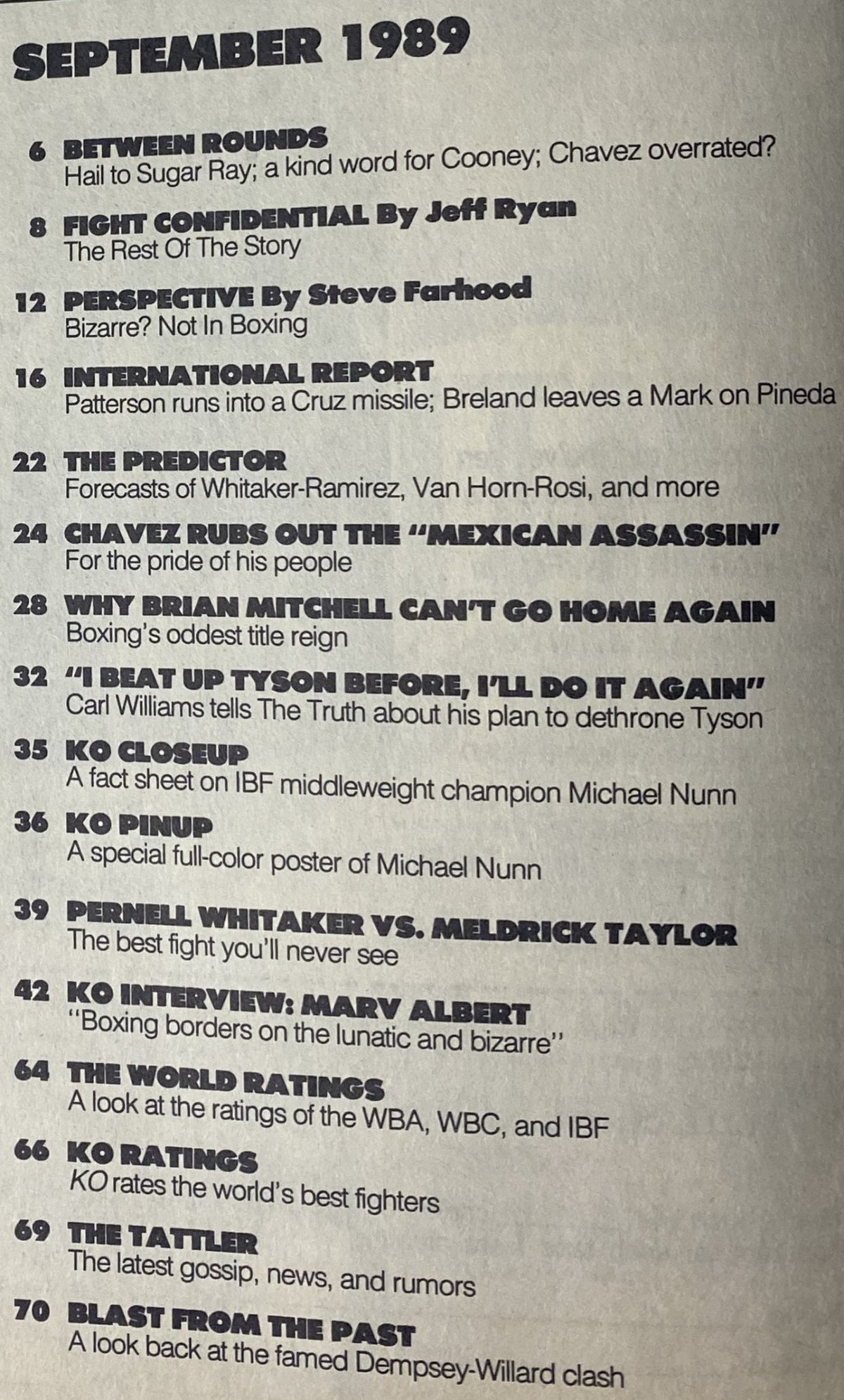 Inside page of KO Boxing Magazine September 1989 showcasing various content highlights including 'Between Rounds,' 'The Predictor,' and features on notable boxers like Julio Cesar Chavez and Pernell Whitaker.