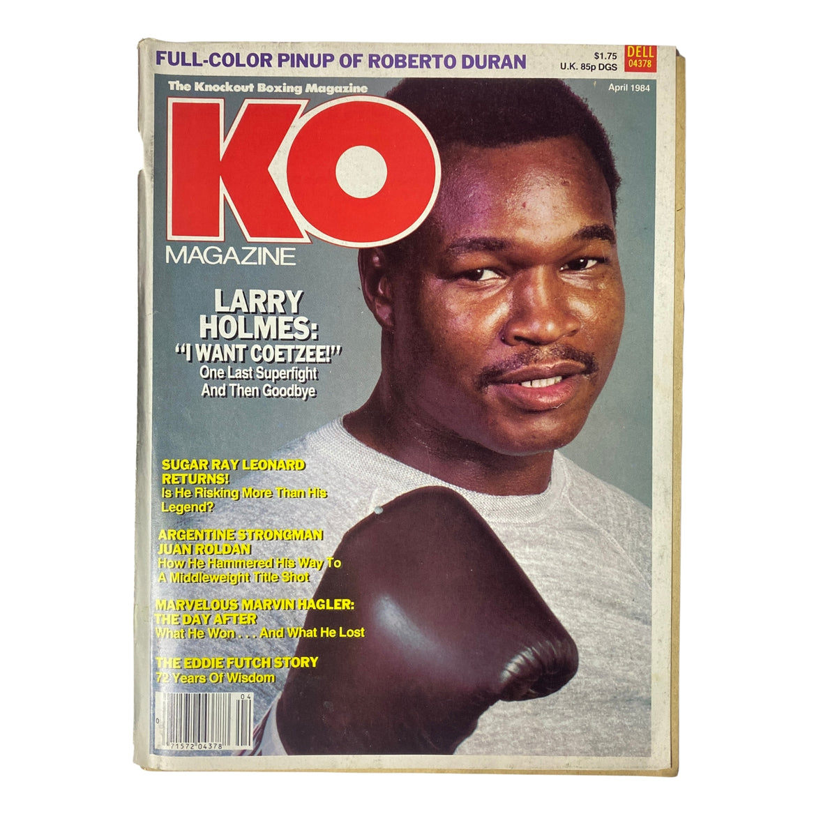 KO Boxing Magazine, April 1984, featuring Larry Holmes on the cover with the quote 'I Want Coetzee!' highlighting boxing legends and events from that era.