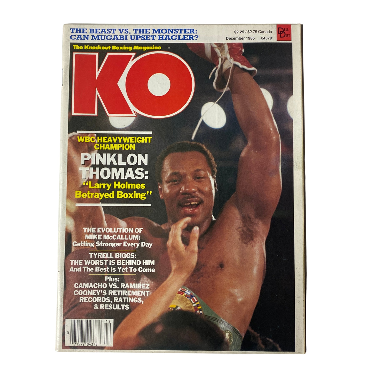 KO Boxing Magazine December 1985 featuring Pinklon Thomas on the cover, highlighting his views on boxing and the heavyweight division.