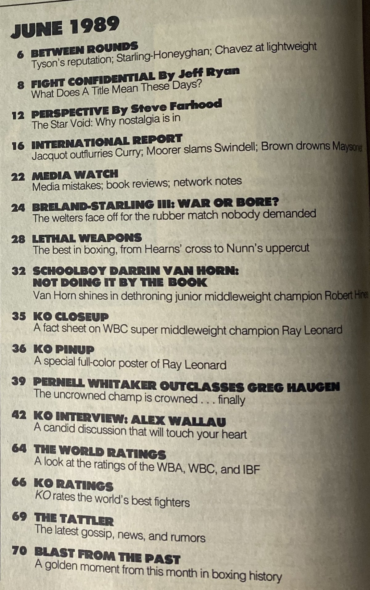 Contents page of KO Boxing Magazine June 1989. It outlines various articles including 'Between Rounds', 'Fight Confidential', and highlights on Darrin Van Horn's victory, with notable mention of prominent boxers of the era.