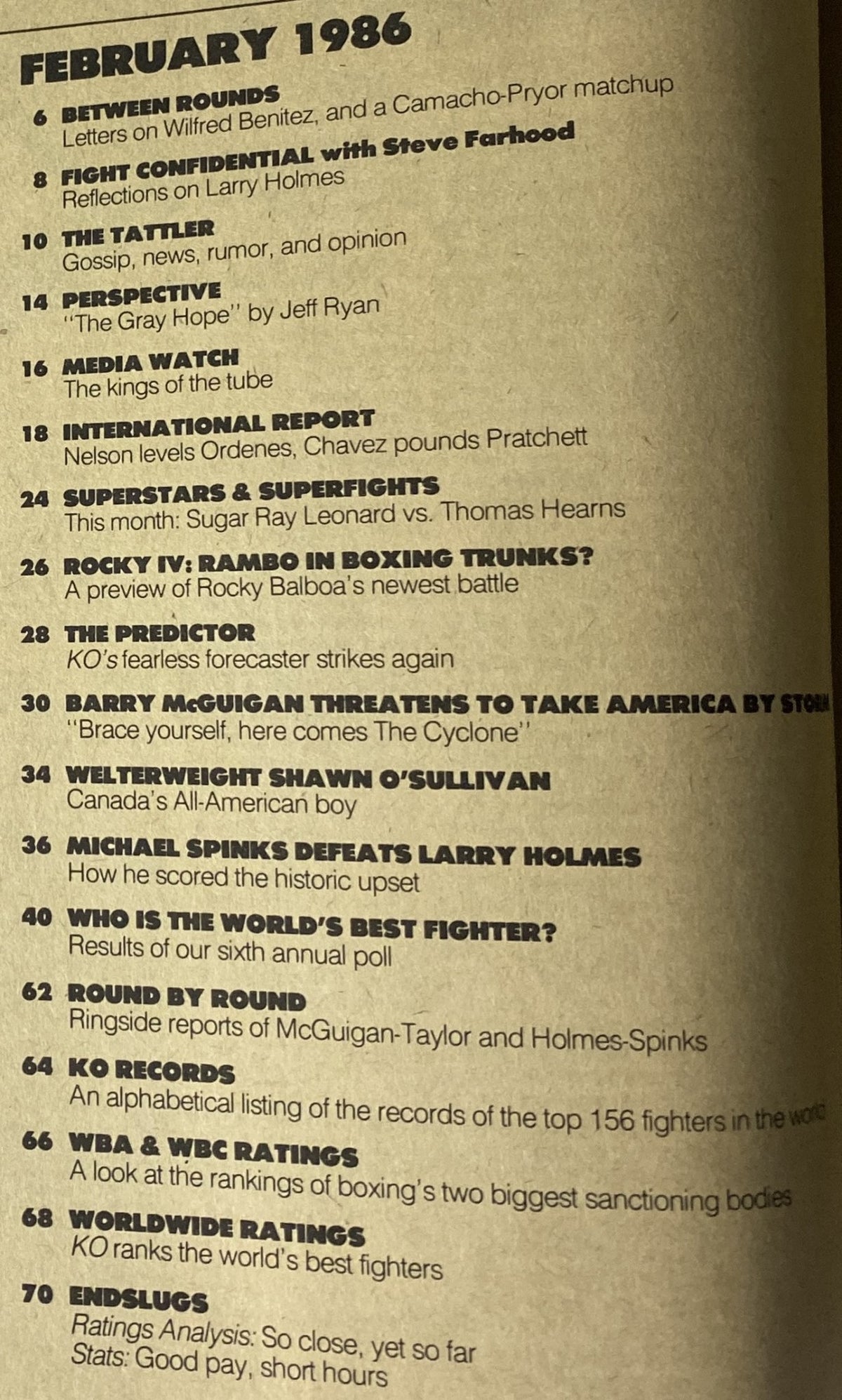 Contents page from KO Boxing Magazine February 1986, listing articles including highlights on Barry McGuigan and Michael Spinks' victory over Larry Holmes.