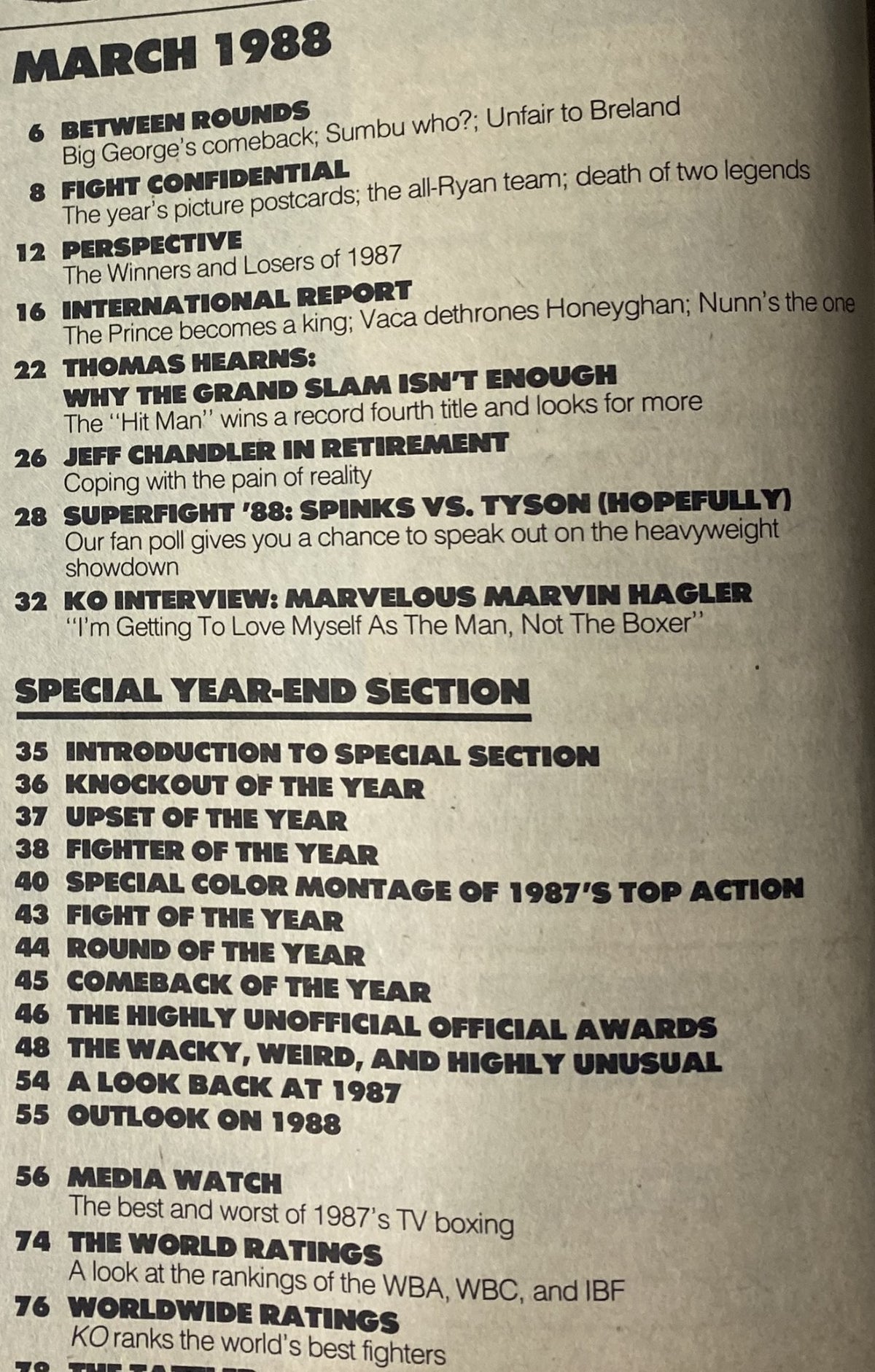 Contents page of KO Boxing Magazine March 1988, detailing major highlights including the Tyson vs. Spinks fan poll and year-end awards.