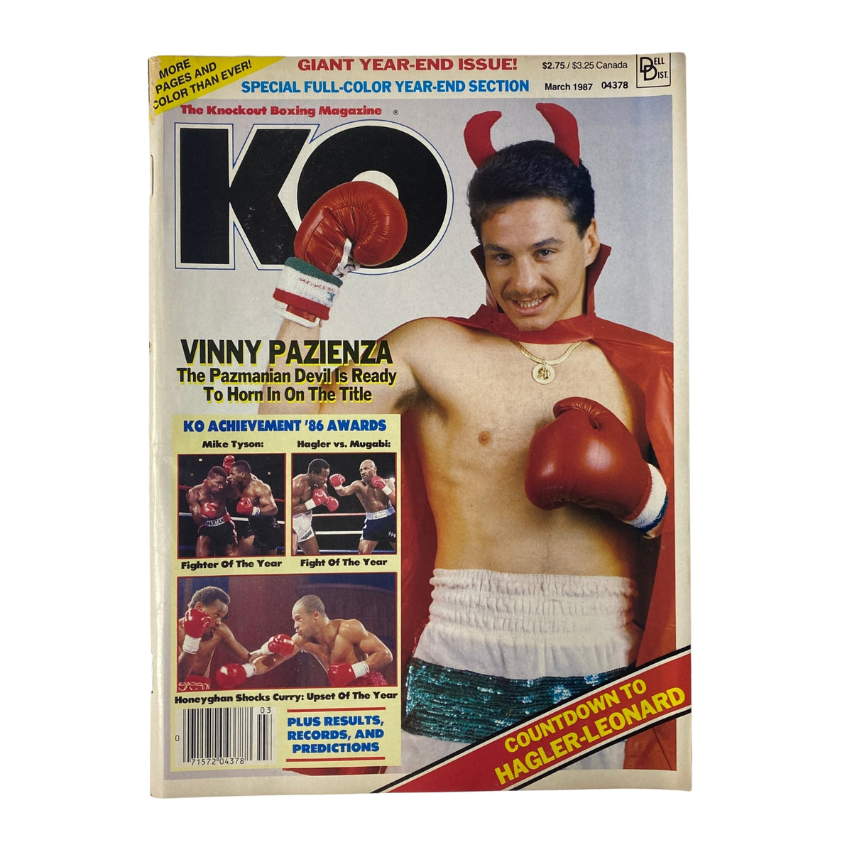 KO Boxing Magazine March 1987 featuring Vinny Pazienza on the cover, wearing boxing gloves and a red robe, promoting key content about the Hagler-Leonard superfight.
