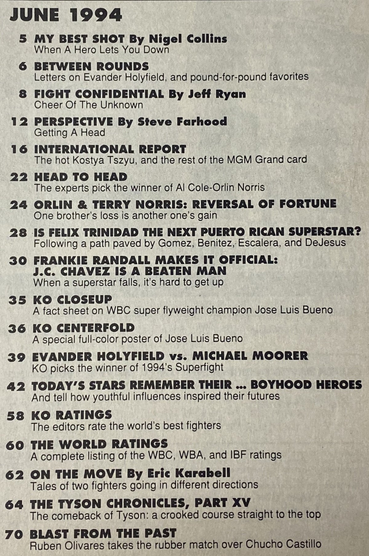 Contents page of KO Boxing Magazine June 1994 detailing articles such as 'My Best Shot' by Nigel Collins, 'Fight Confidential' by Jeff Ryan, and features on Frankie Randall and Félix Trinidad.