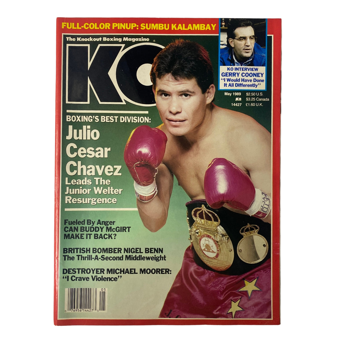 KO Boxing Magazine May 1989 featuring Julio Cesar Chavez on the cover, showcasing his role in leading the junior welter resurgence. The magazine highlights boxing's best division, with a full-color pinup of Sumbu Kalambay included.