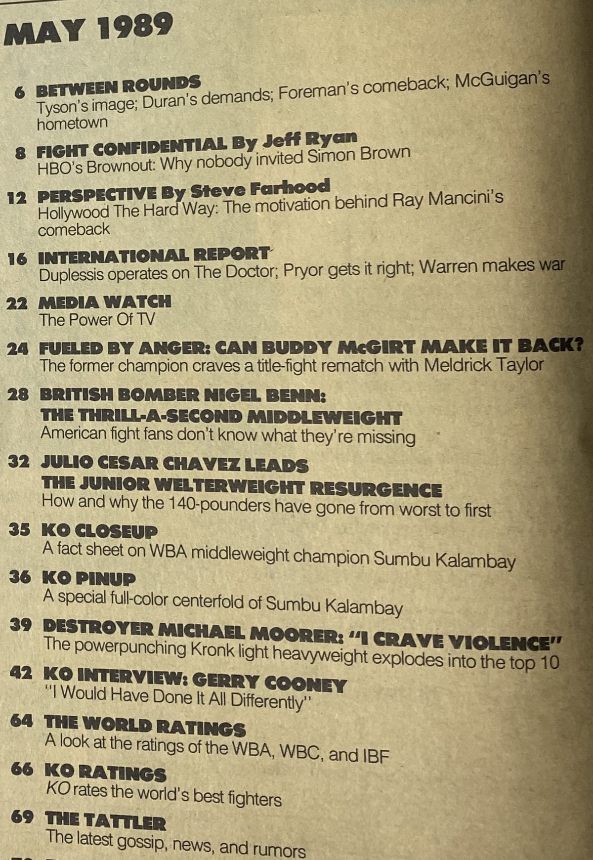 Table of contents for KO Boxing Magazine May 1989 featuring highlights such as 'Between Rounds,' 'Fight Confidential by Jeff Ryan,' and a feature on Julio César Chávez's junior welterweight resurgence.