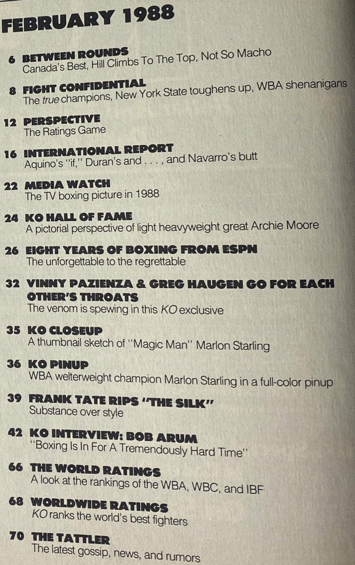 Table of contents for KO Boxing Magazine February 1988, listing articles including features on Vinny Pazienza vs. Greg Haugen, interviews, and fight analysis.