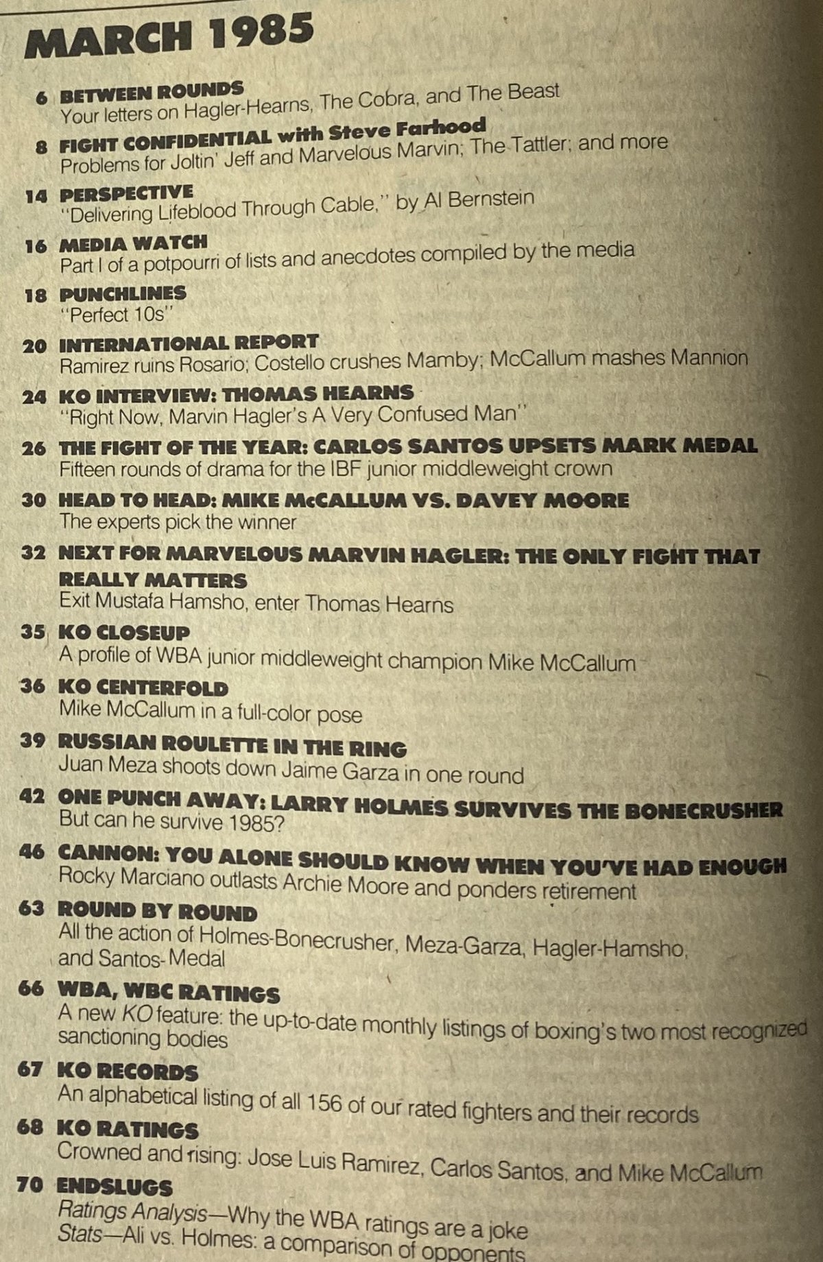 Table of contents from KO Boxing Magazine March 1985, detailing featured articles including interviews with Marvin Hagler and Thomas Hearns, alongside comprehensive coverage of boxing events and rankings.