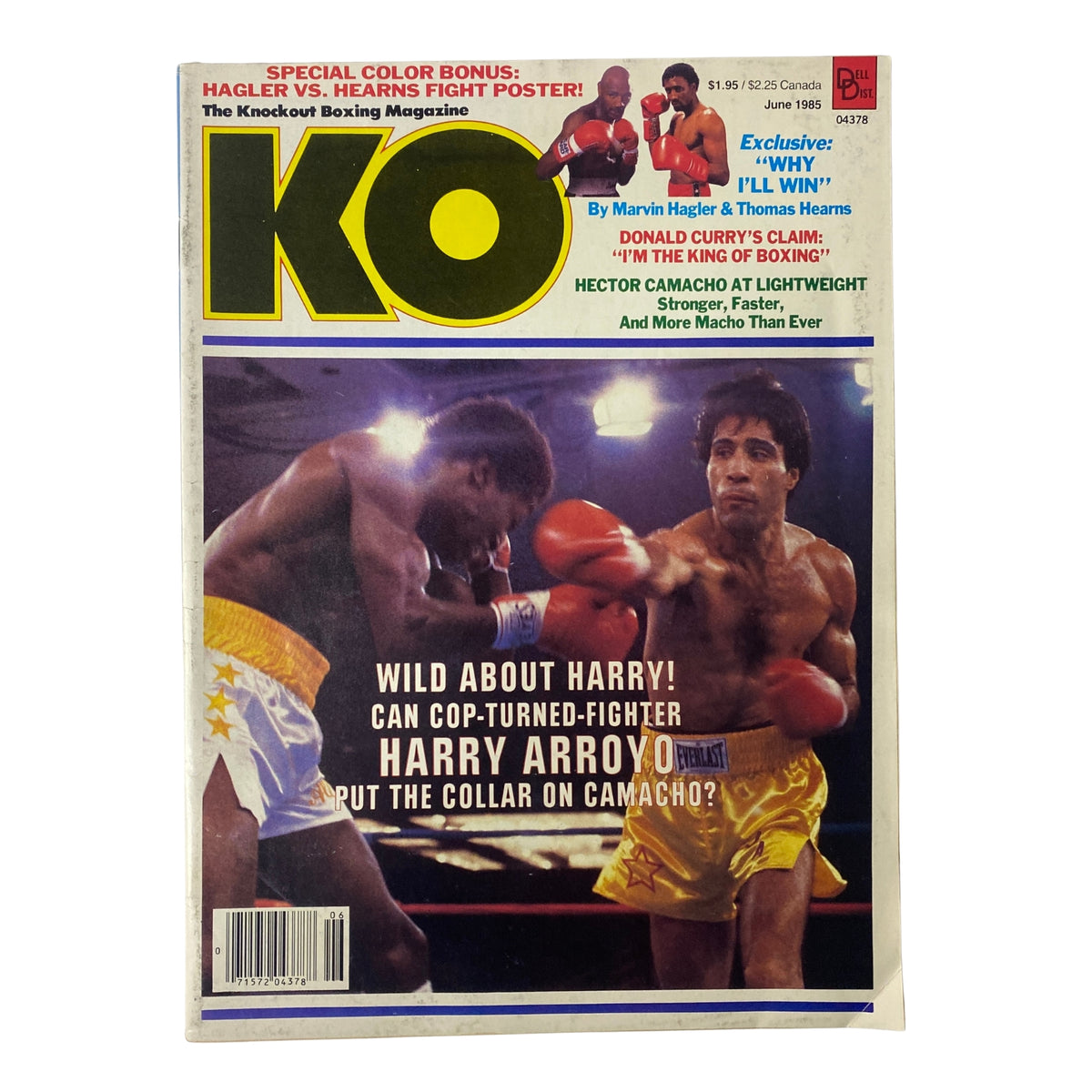 KO Boxing Magazine June 1985 featuring Harry Arroyo and Hector Camacho on the cover, showcasing boxing action and highlights from the mid-80s era.