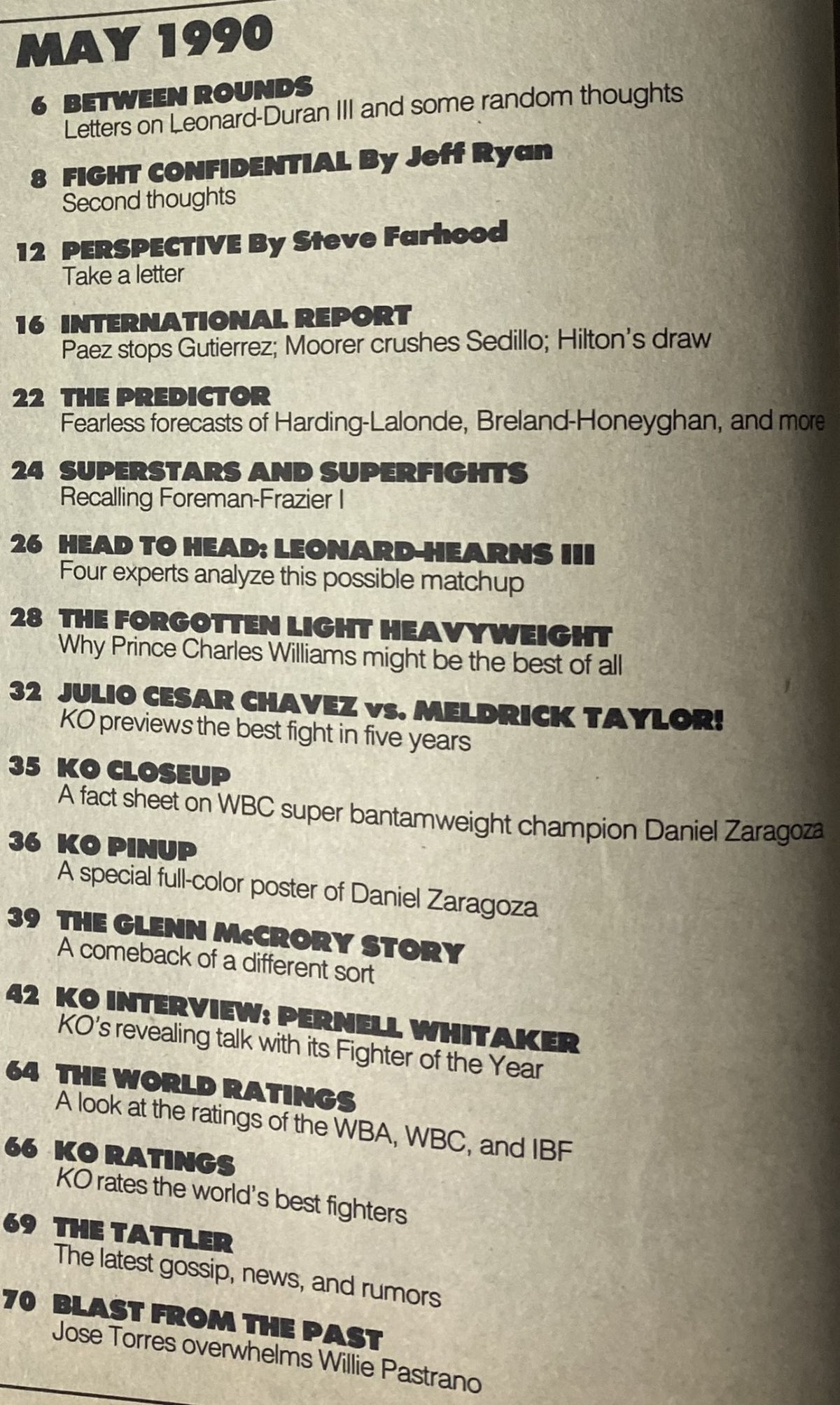 Contents page of KO Boxing Magazine May 1990 featuring key highlights such as Julio César Chávez vs. Meldrick Taylor fight preview and articles on boxing legends and events.