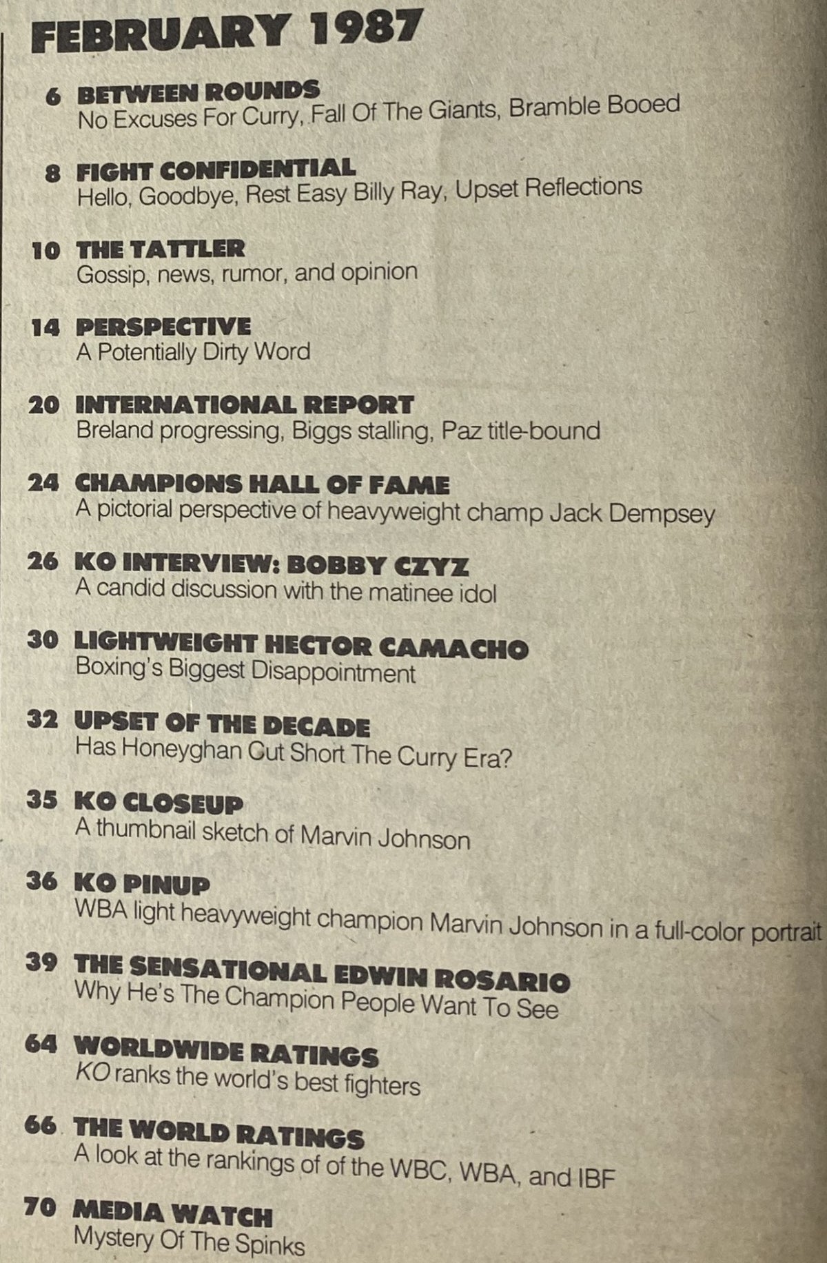 Contents page of KO Boxing Magazine February 1987 detailing articles including 'Between Rounds,' 'Fight Confidential,' and 'Lightweight Report.' Features analysis of Lloyd Honeyghan's fight against Donald Curry.