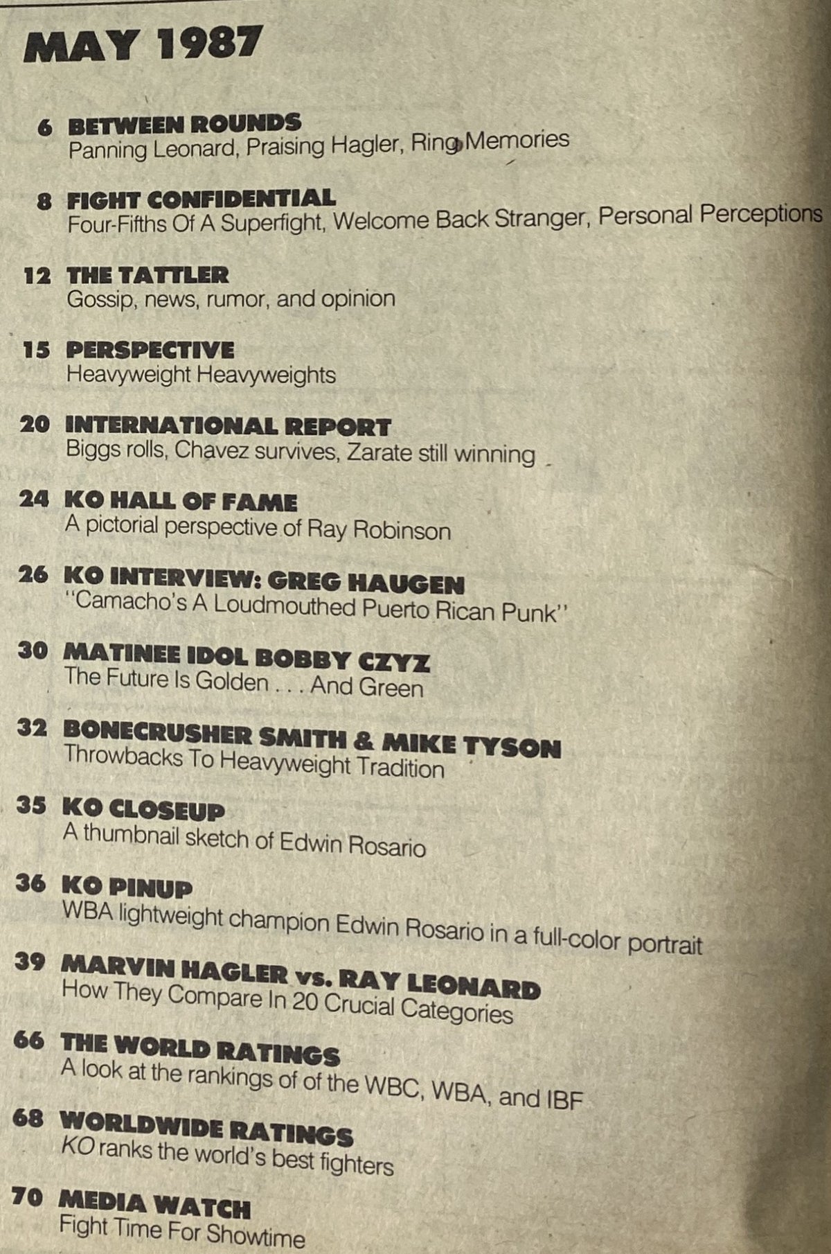 Table of Contents for KO Boxing Magazine May 1987, outlining features such as 'Between Rounds', 'Fight Confidential', and 'KO Interview: Greg Haugen', providing insights into boxing events and profiles.