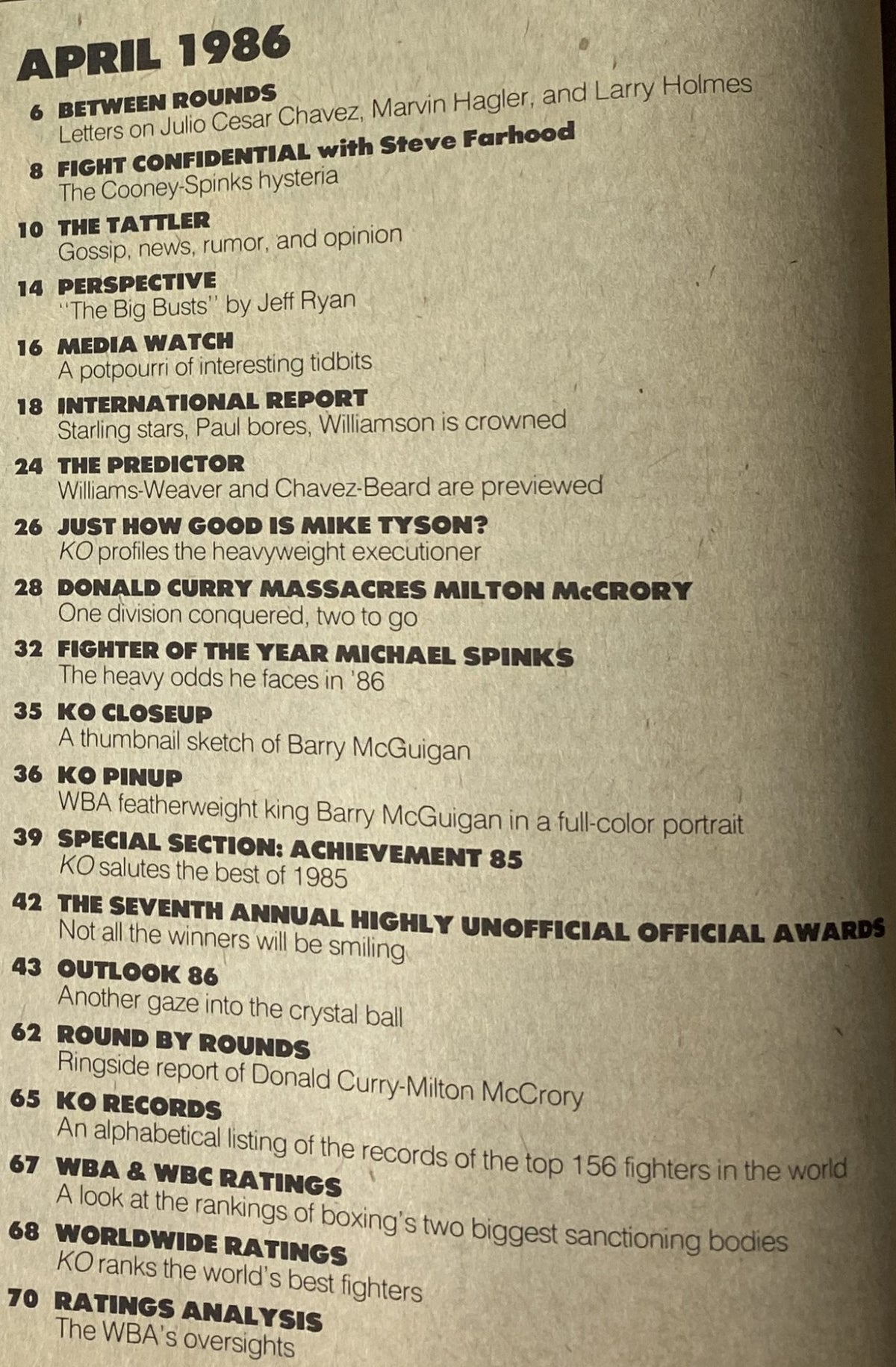 Contents page of KO Boxing Magazine April 1986, detailing featured articles including Donald Curry, Michael Spinks, and boxing ratings.