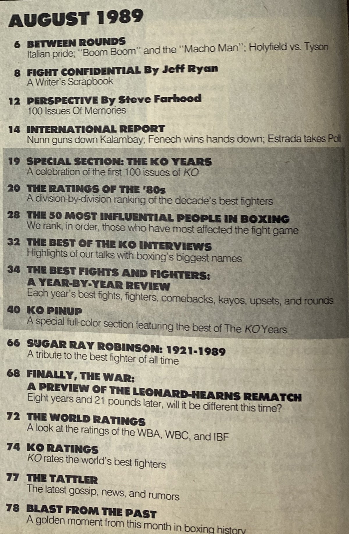 Inside page of KO Boxing Magazine August 1989, listing contents such as feature articles, interviews, and highlights of the month, including Sugar Ray Leonard and Thomas Hearns.