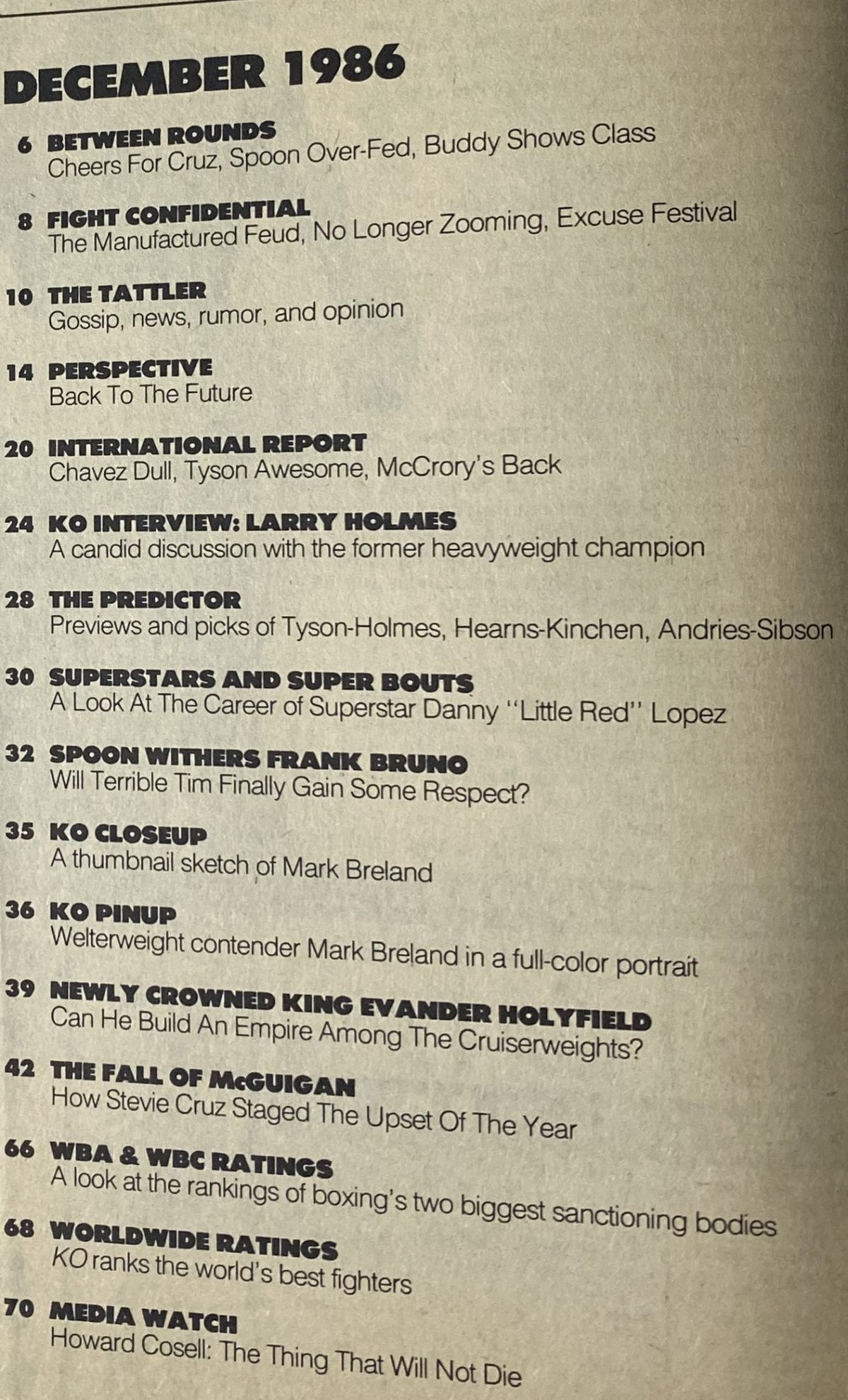 Contents page of KO Boxing Magazine December 1986, detailing features including Larry Holmes interview, Tyson-Holmes preview, and boxing insights. Highlights the excitement of the 1980s boxing scene.