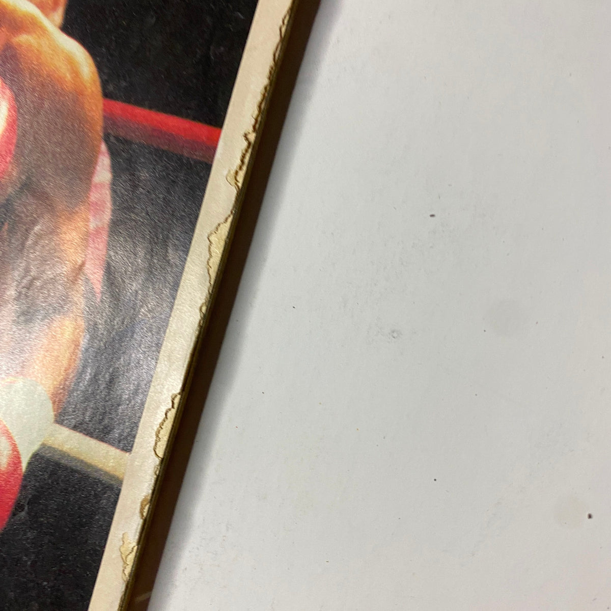 Close-up image of the edge of the KO Boxing Magazine November 1986, showing minor wear and tear, yet maintaining its visual appeal. The magazine features Hector Camacho on the cover.