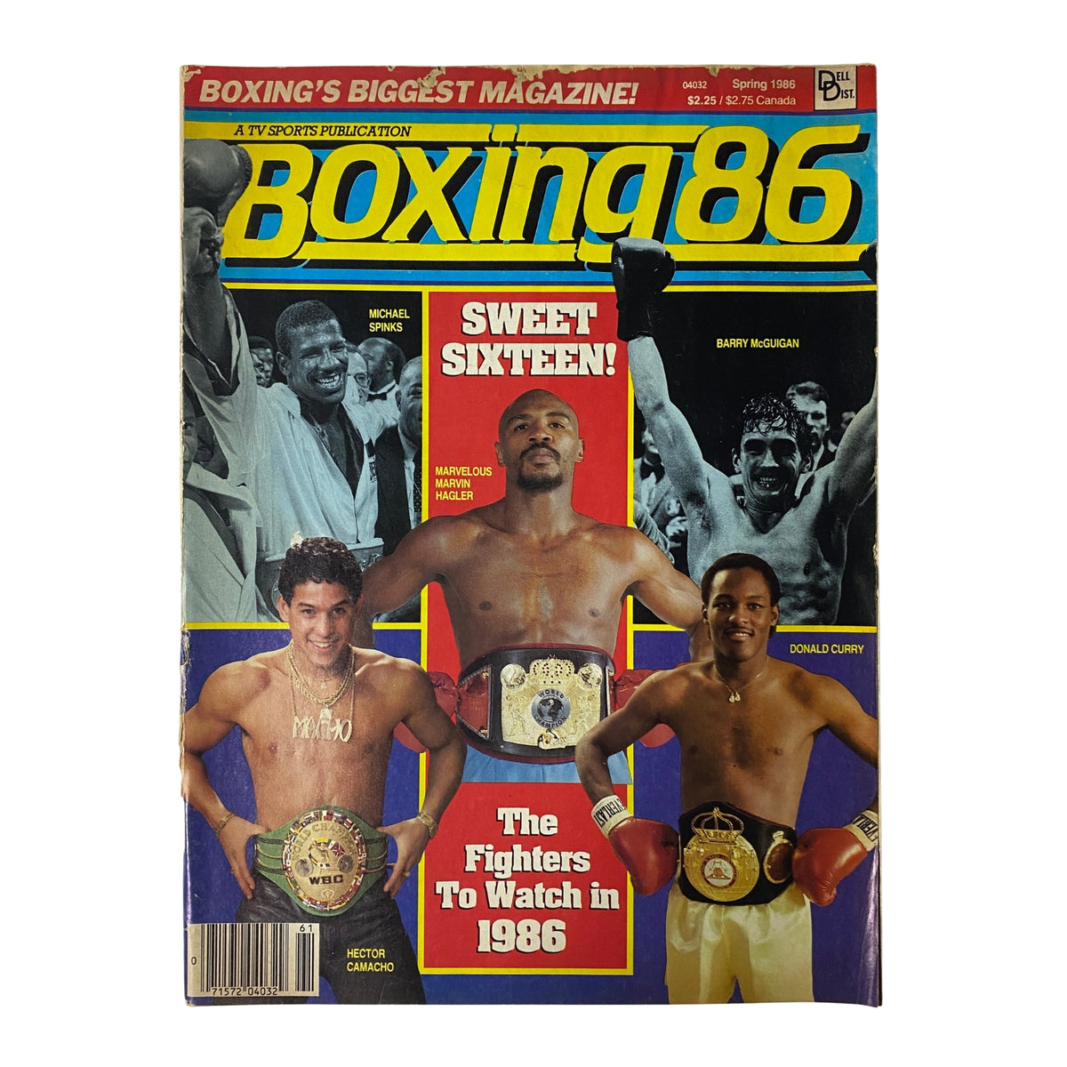 Cover of Boxing 86 Magazine Spring 1986 featuring Marvin Hagler, Michael Spinks, and other champions. Highlights include 'Sweet Sixteen: The Fighters to Watch in 1986'.