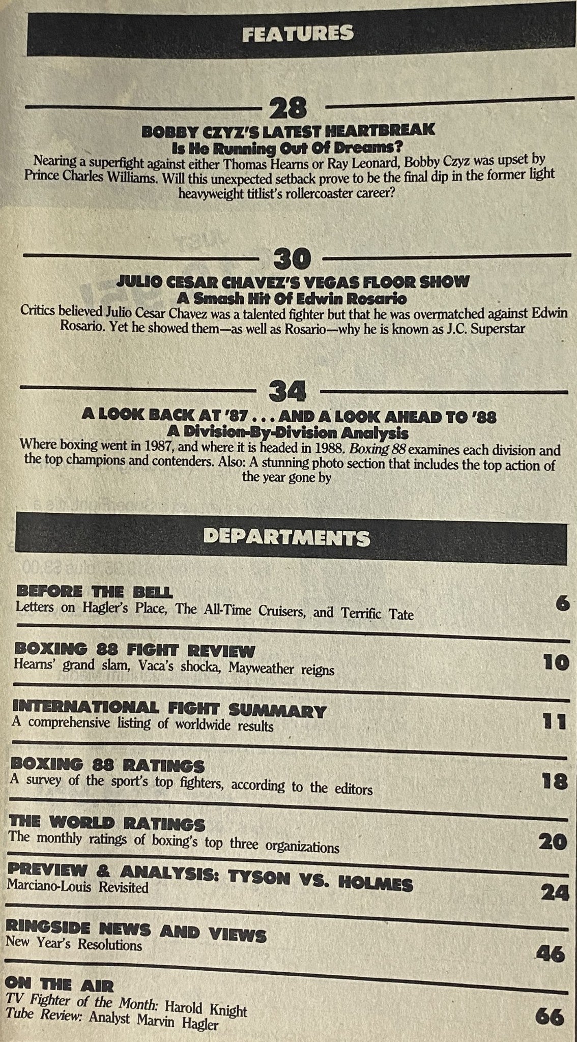Contents page of Boxing 88 Magazine March 1988, showcasing features on Bobby Czyz, Julio Cesar Chavez, and a year-in-review analysis. This page outlines highlight articles related to key boxing events and fighters.