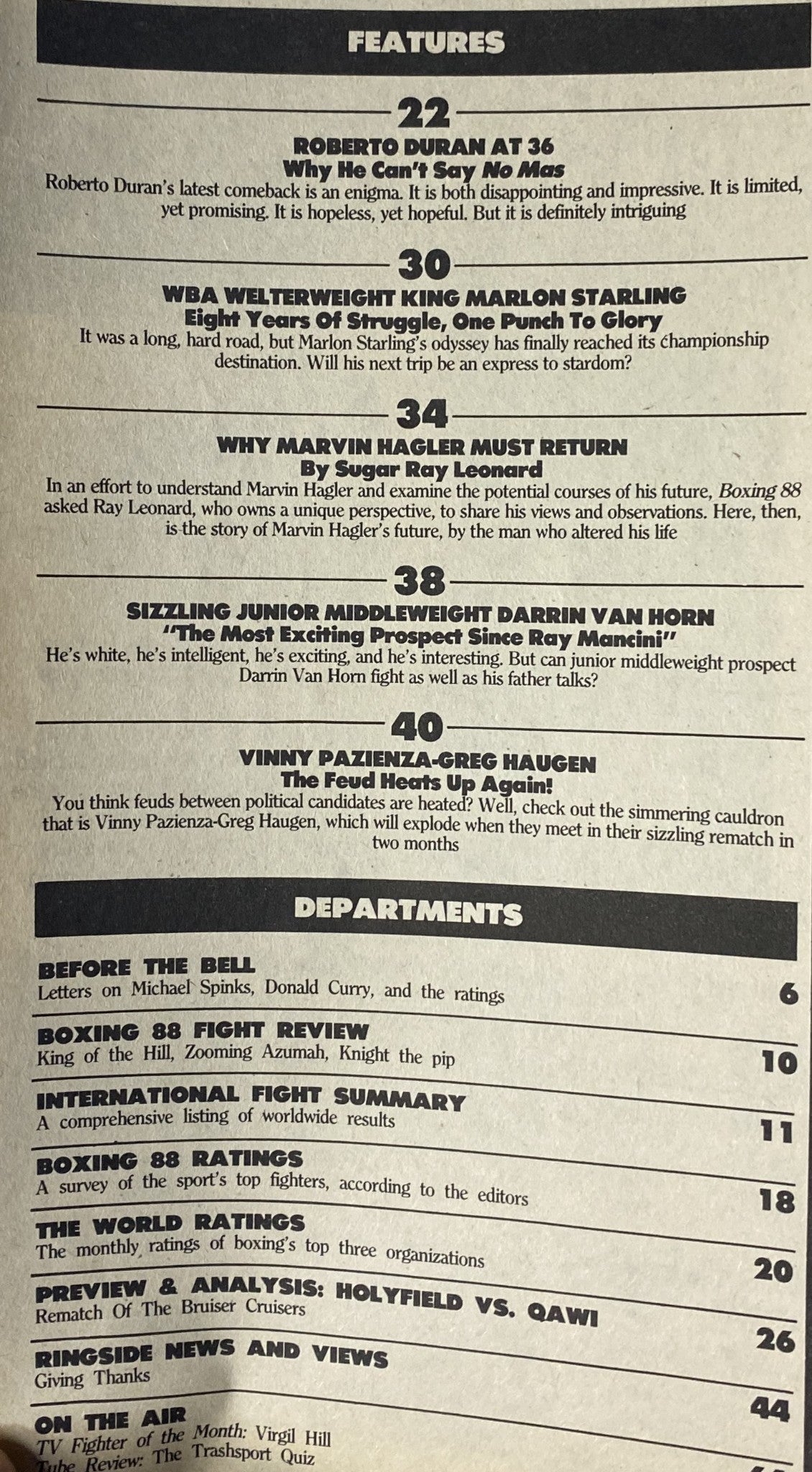 Interior page of Boxing 88 Magazine January 1988 showcasing features such as 'Roberto Duran at 36' and 'Sizzling Junior Middleweight Darrin Van Horn,' along with magazine highlights and analysis.
