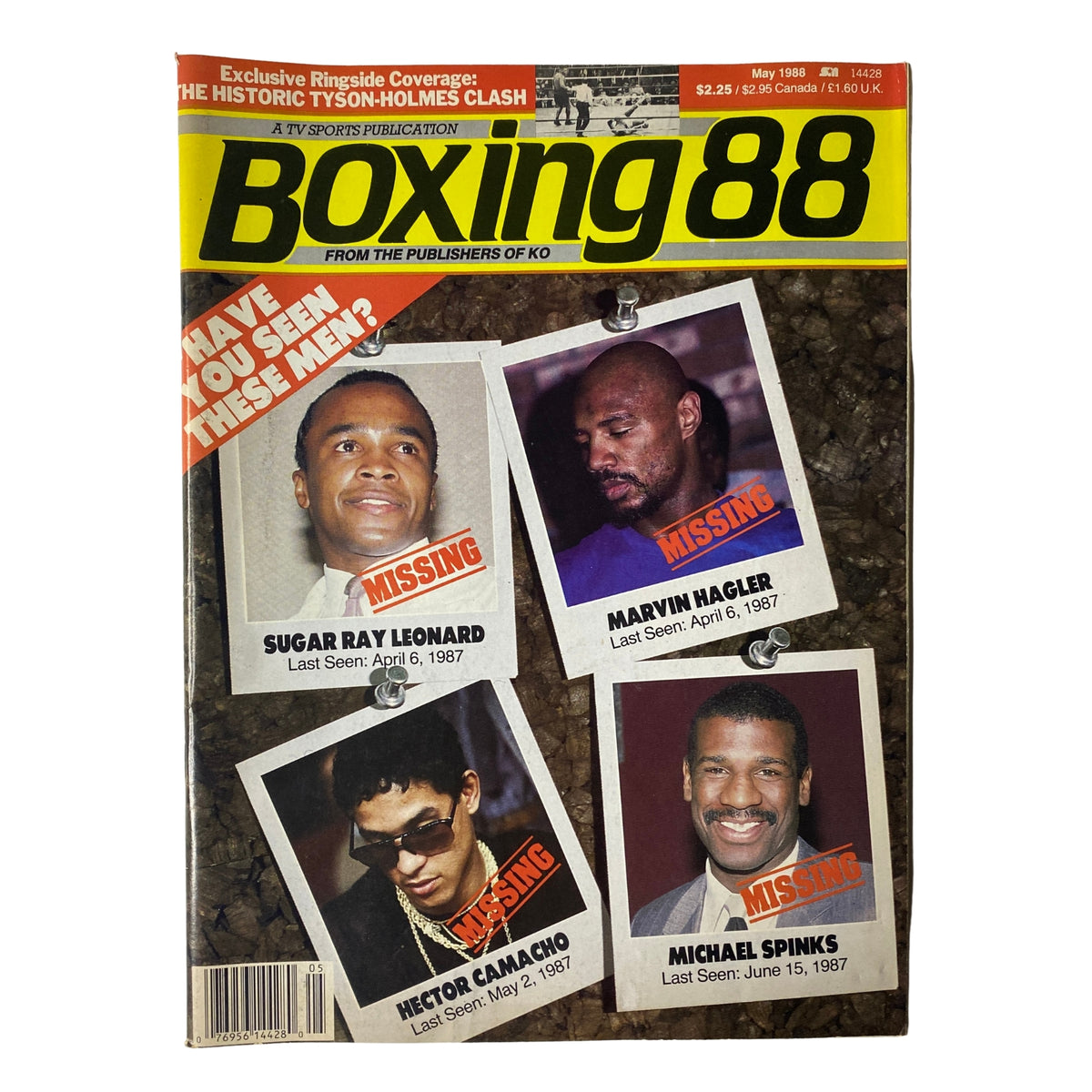 Cover of Boxing 88 Magazine, May 1988 featuring Sugar Ray Leonard, Marvin Hagler, Hector Camacho, and Michael Spinks, with the headline 'Have You Seen These Men?'. Original magazine, no label, in very good condition.