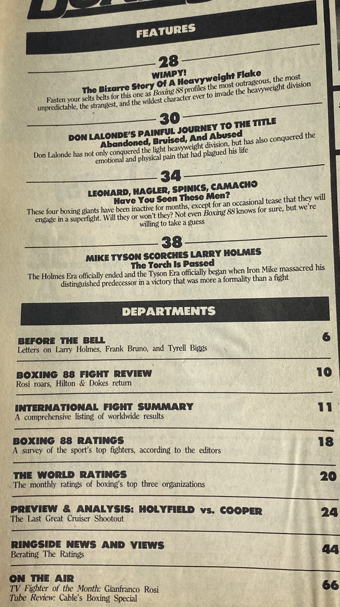 Contents page of Boxing 88 Magazine, May 1988, detailing features including Don Lalonde’s journey to the title, Leonard, Hagler, Spinks, Camacho's potential returns, and Mike Tyson’s victory over Larry Holmes.