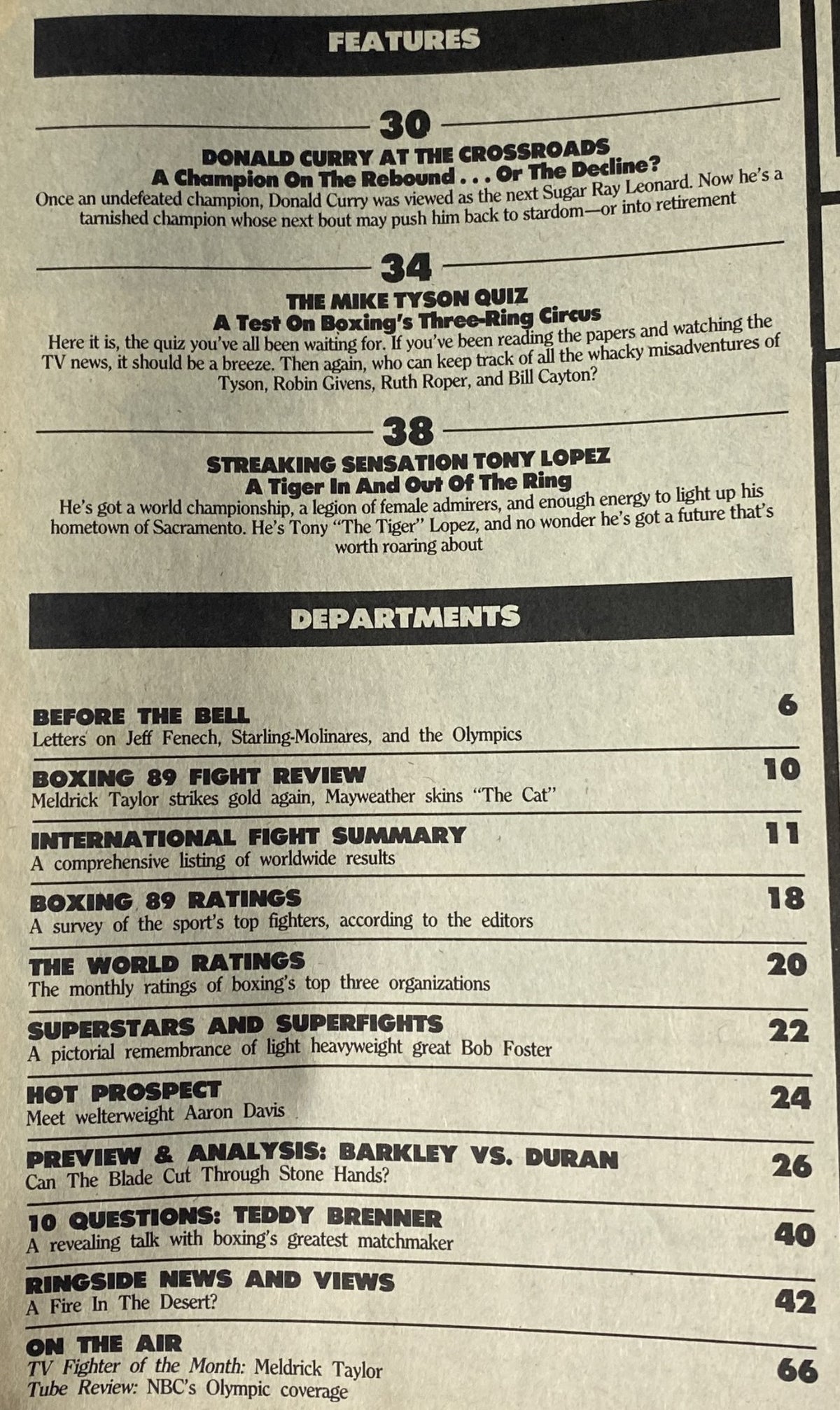 Contents page of Boxing 89 Magazine January 1989, detailing features such as 'Donald Curry at the Crossroads' and 'The Mike Tyson Quiz'.